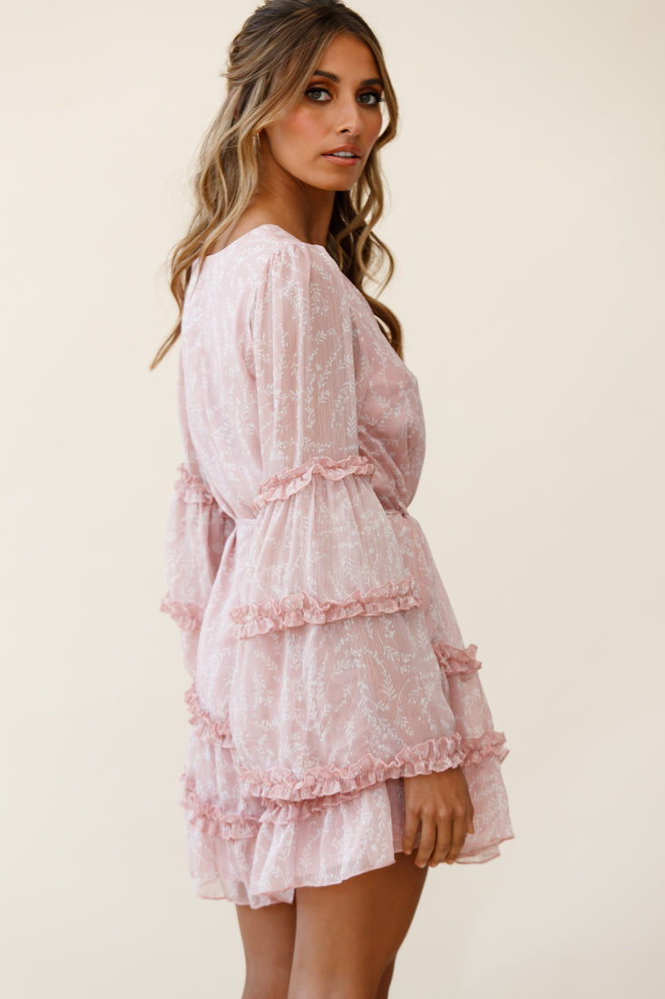 Winslet Long Sleeve Placket Bust Frill Detail Dress Floral Print Pink-Maymioy