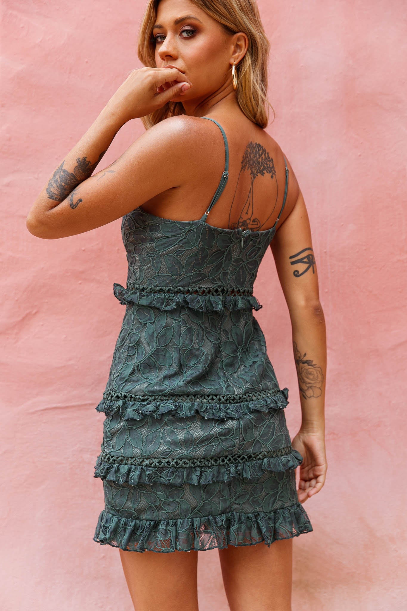 Dear Lover Cami Strap Frill Detail Lace Dress Green-Maymioy