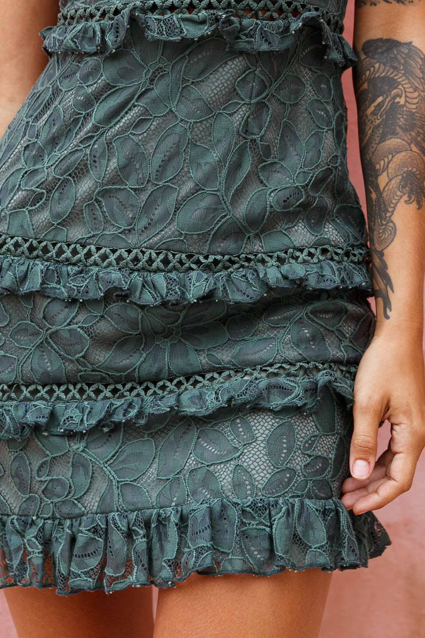 Dear Lover Cami Strap Frill Detail Lace Dress Green-Maymioy