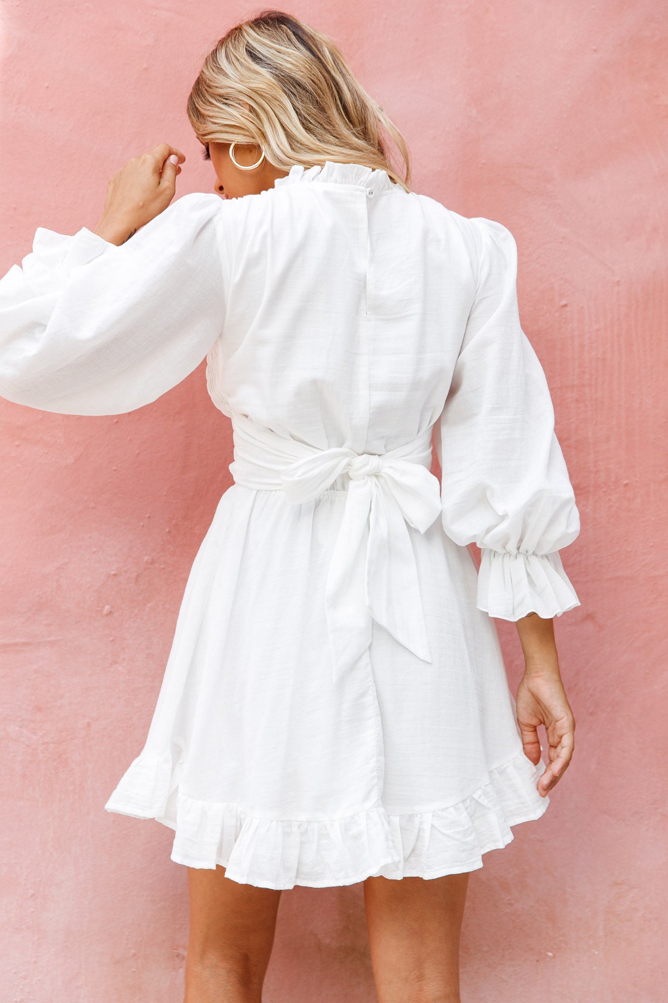 Marianna Long Sleeve Shirred Bust Dress White-Maymioy