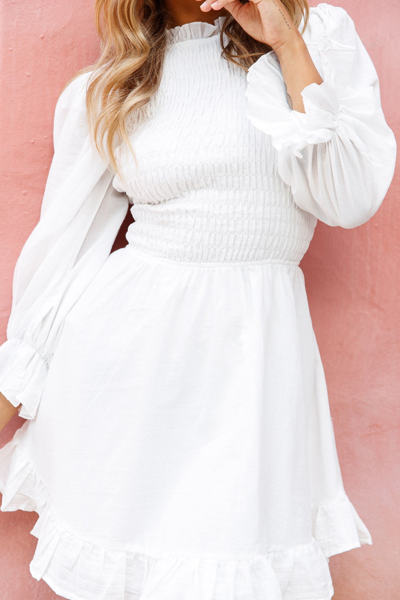 Marianna Long Sleeve Shirred Bust Dress White-Maymioy