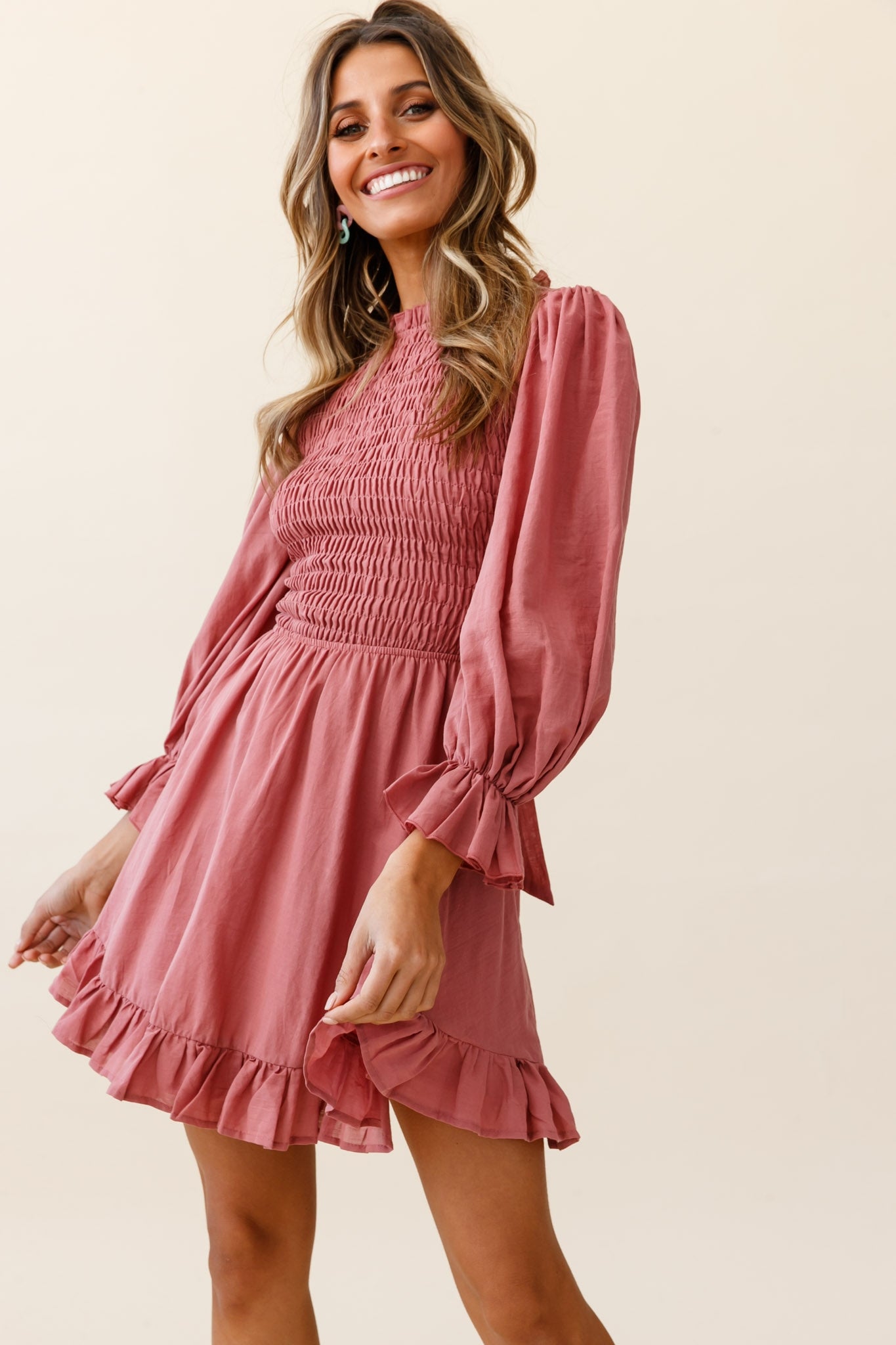 Marianna Long Sleeve Shirred Bust Dress Rose-Maymioy