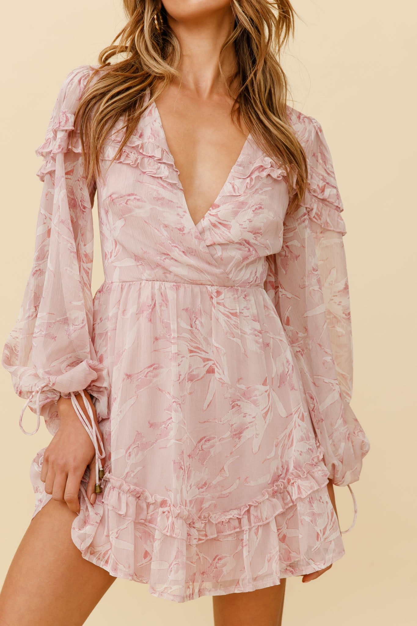 Katelyn Long Balloon Sleeve Frill Accent Dress Floral Print Pink-Maymioy