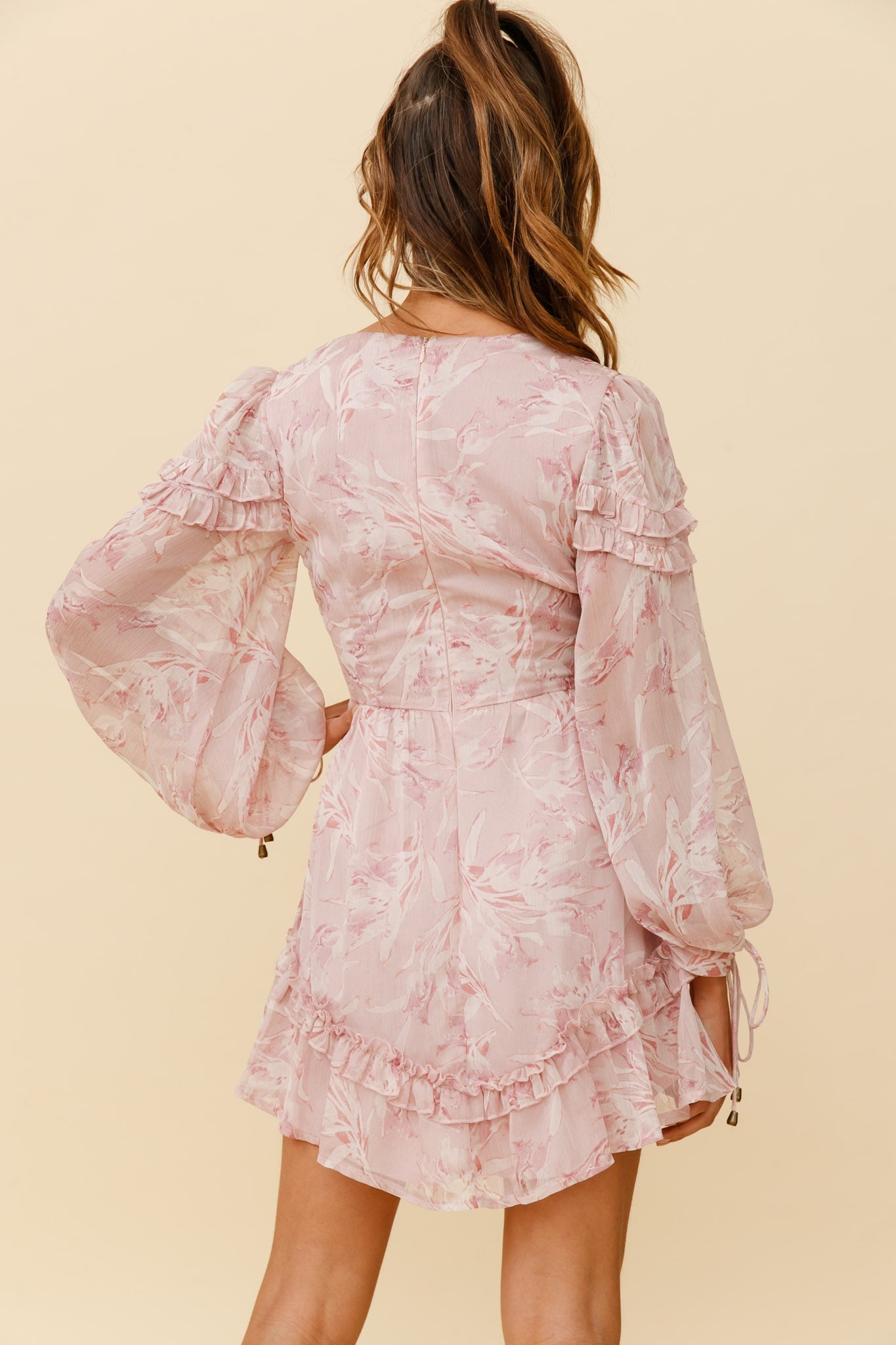 Katelyn Long Balloon Sleeve Frill Accent Dress Floral Print Pink-Maymioy