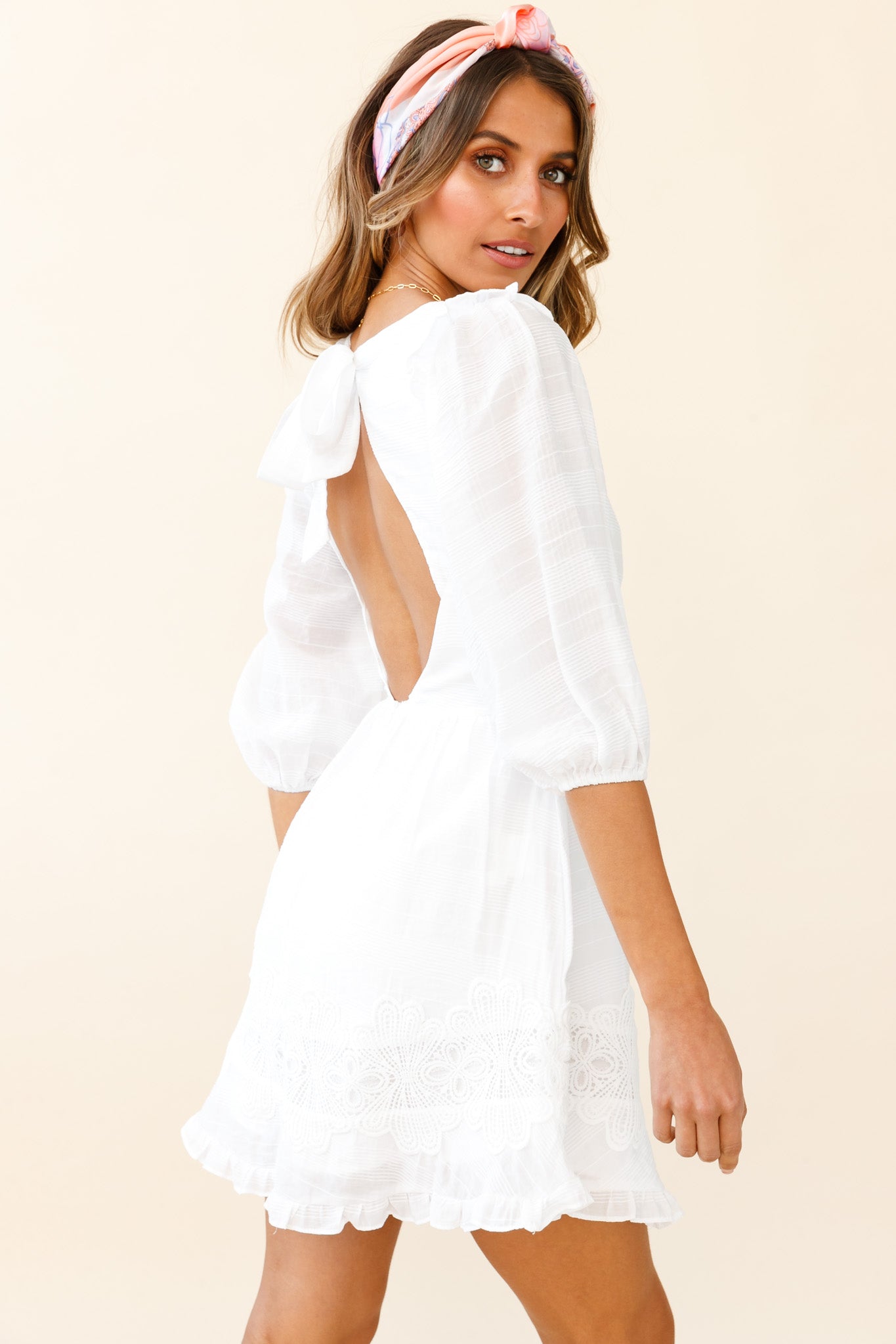 Sunday Morning Applique Embellished Open Back Dress White-Maymioy