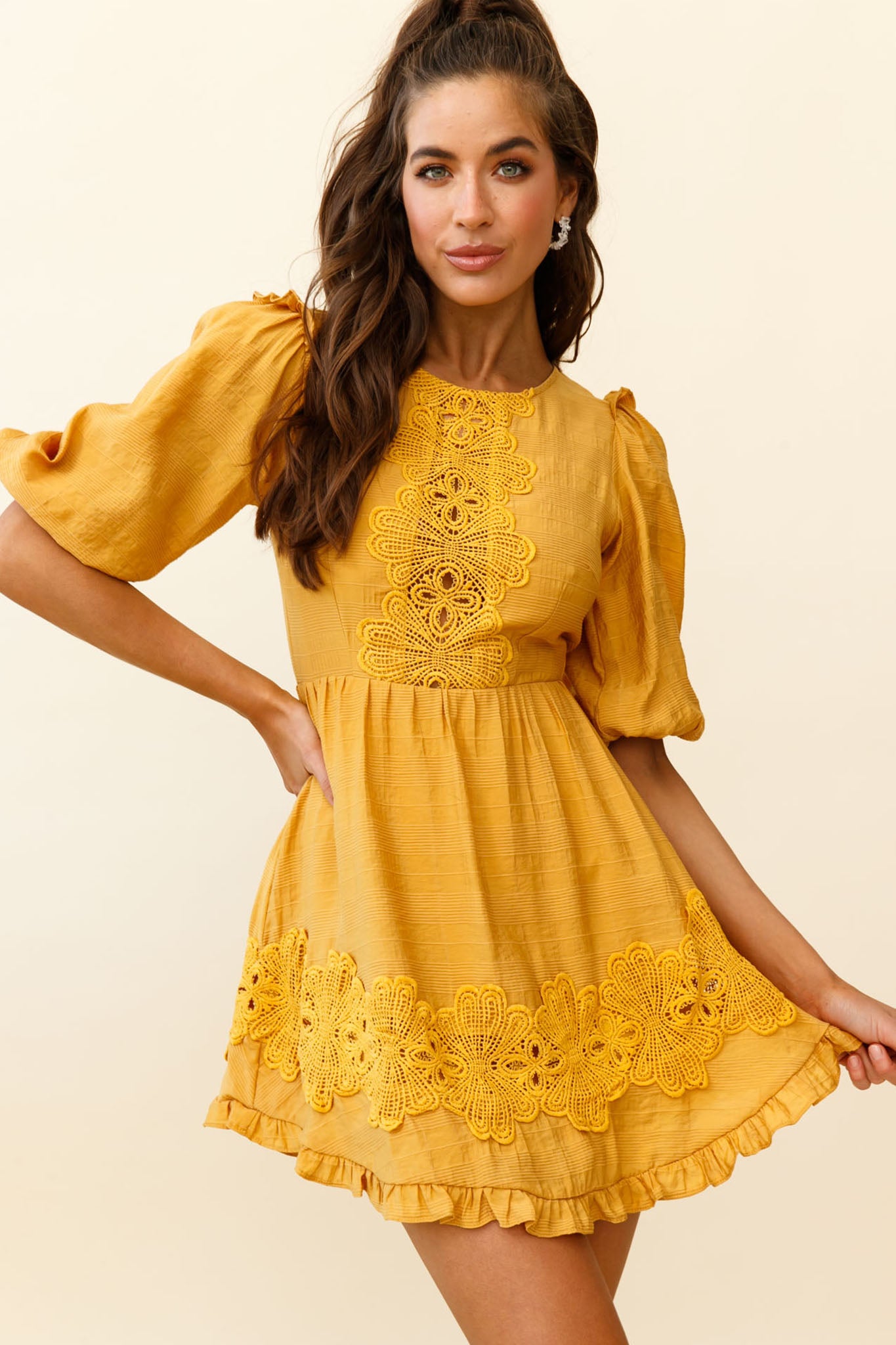 Sunday Morning Applique Embellished Open Back Dress Yellow-Maymioy