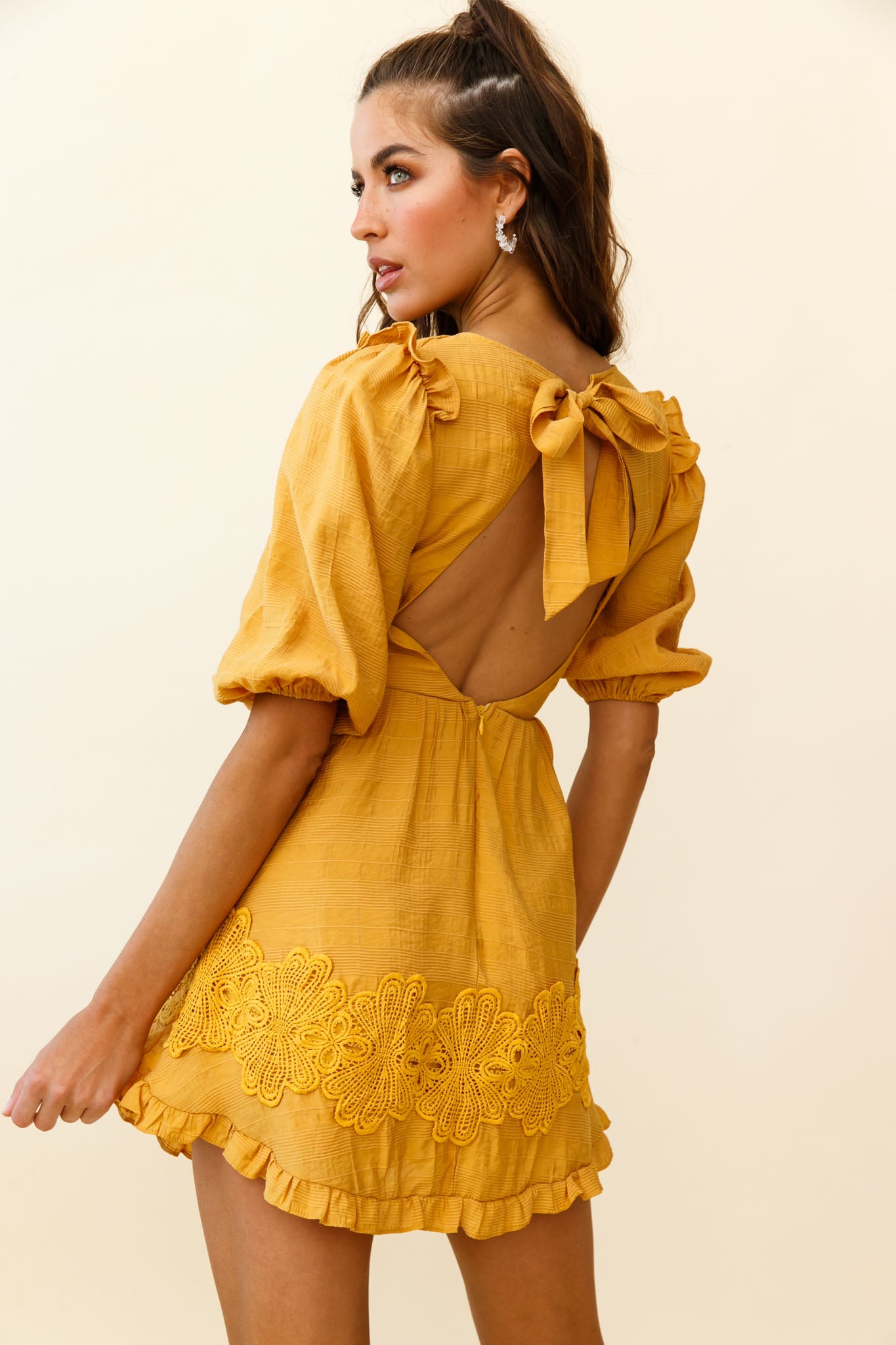 Sunday Morning Applique Embellished Open Back Dress Yellow-Maymioy