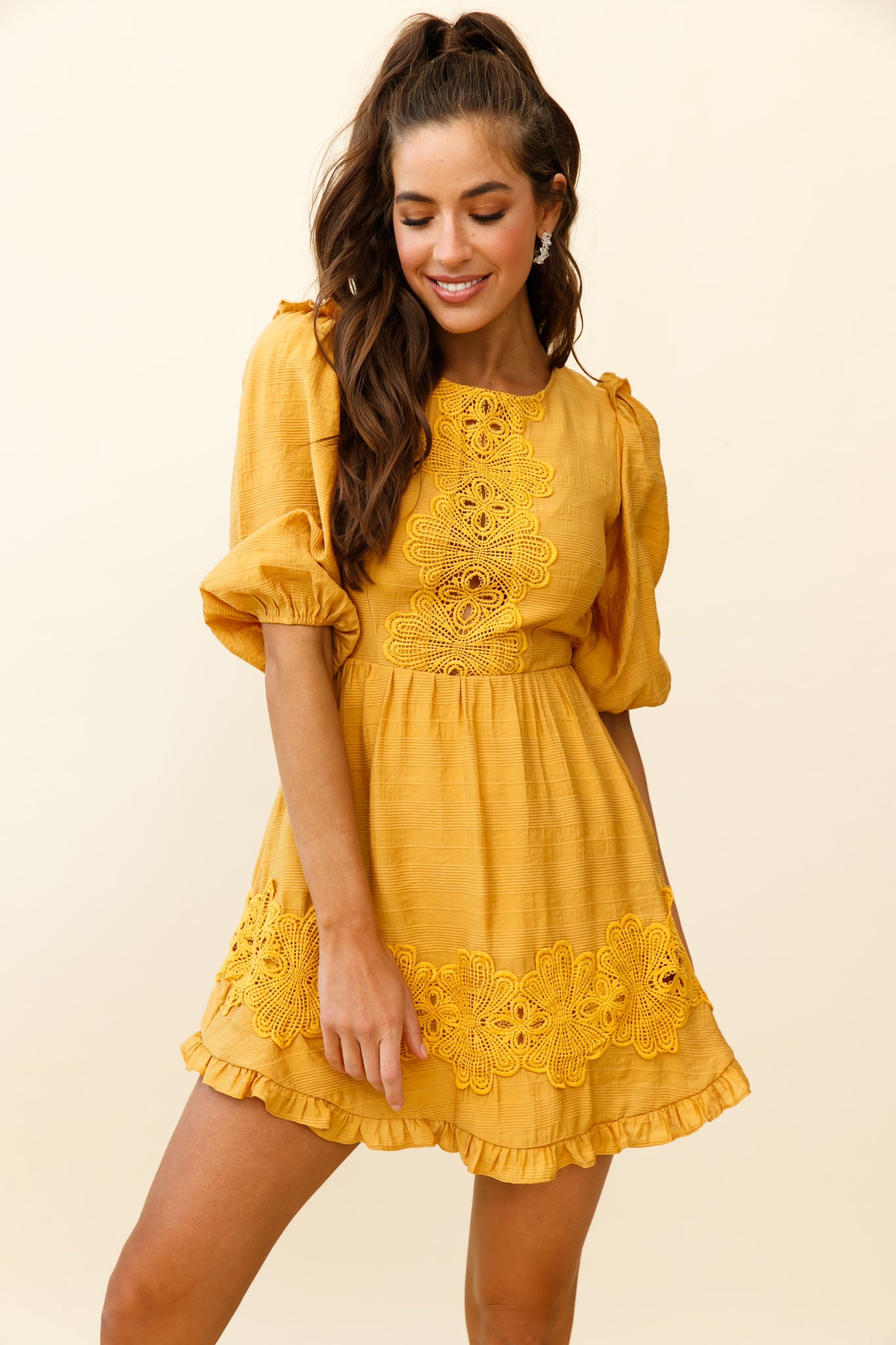 Sunday Morning Applique Embellished Open Back Dress Yellow-Maymioy