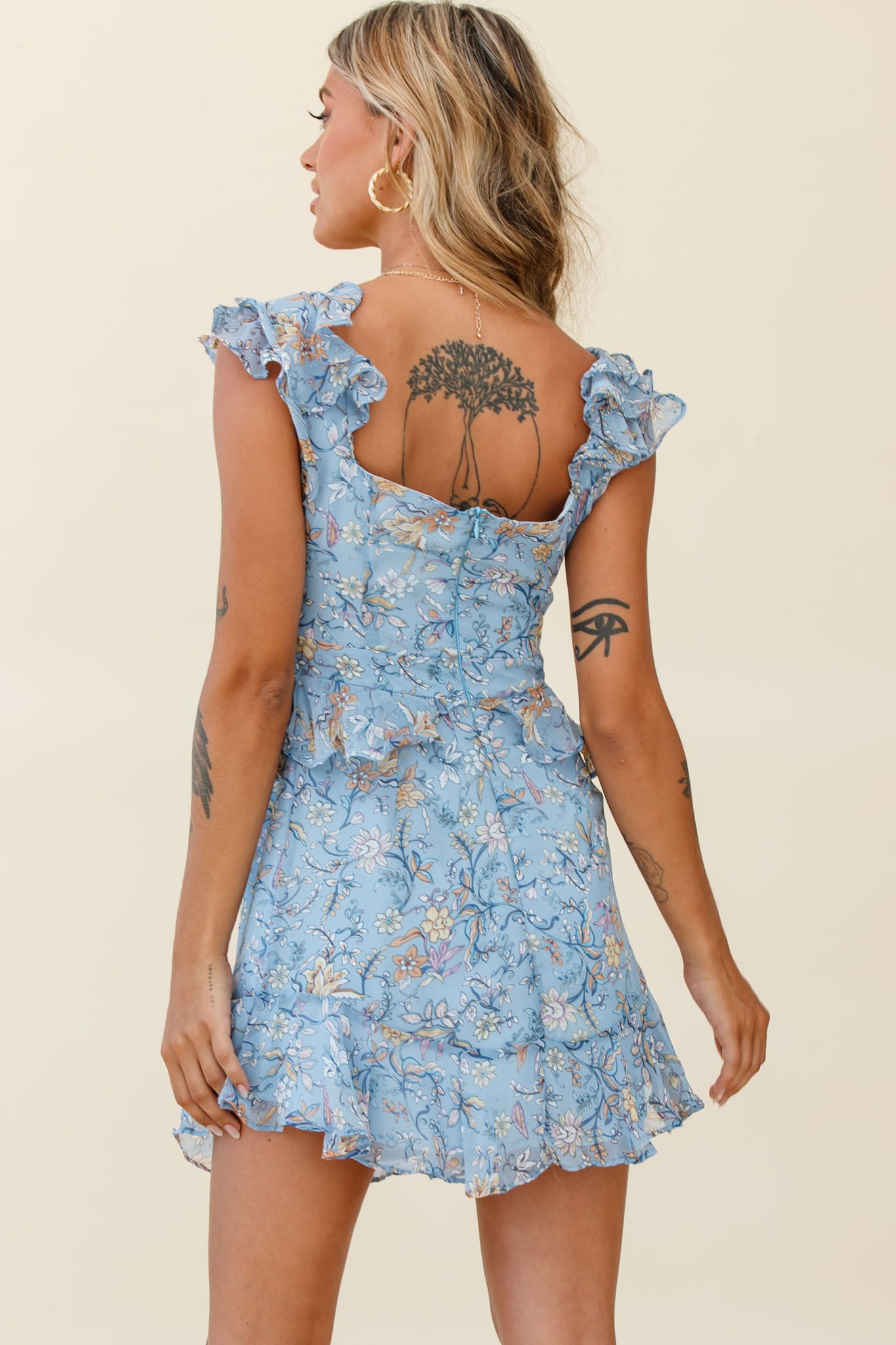 Say That Again Bust Tie Ruffle Trim Dress Floral Print Blue-Maymioy