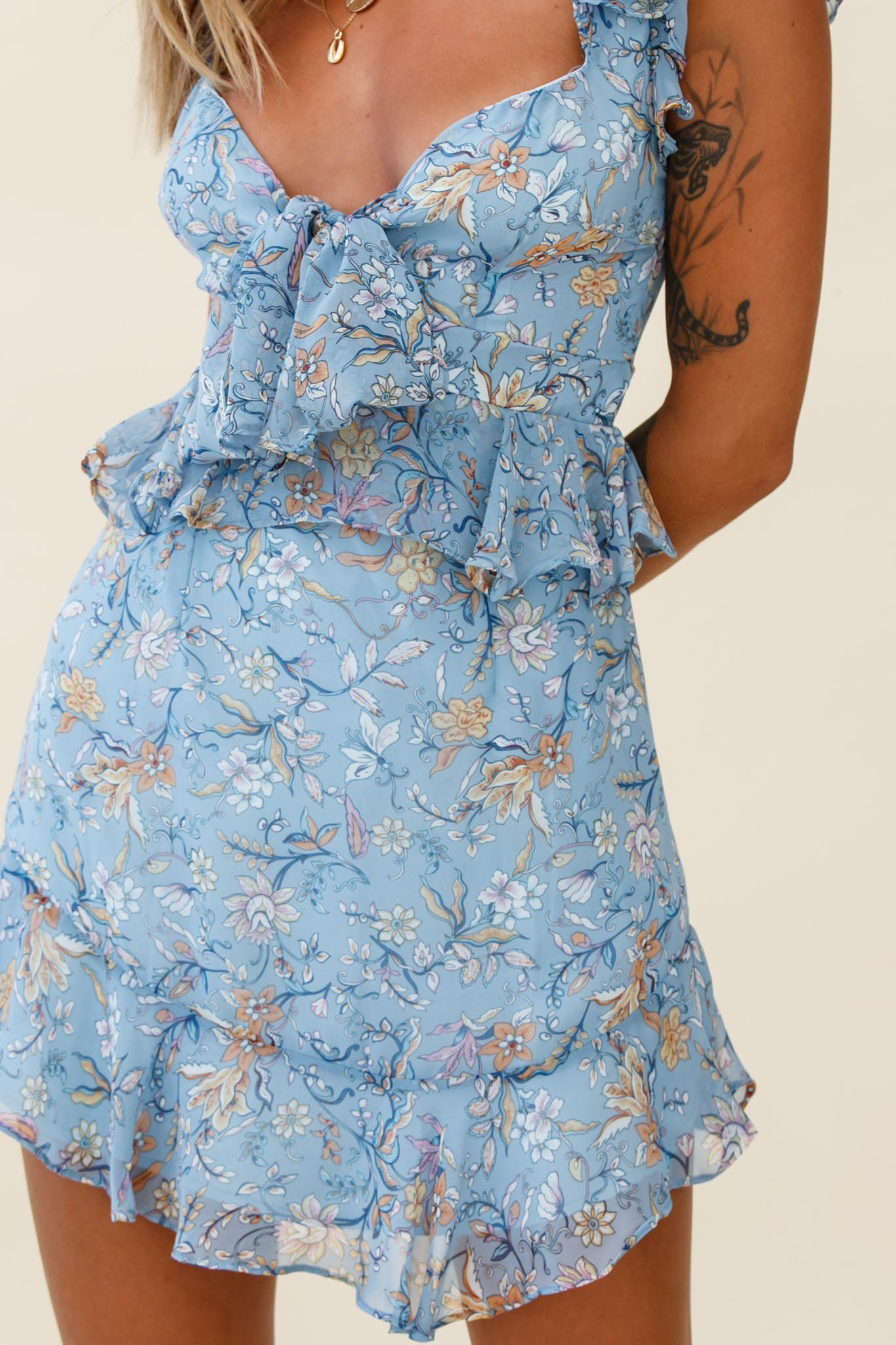Say That Again Bust Tie Ruffle Trim Dress Floral Print Blue-Maymioy