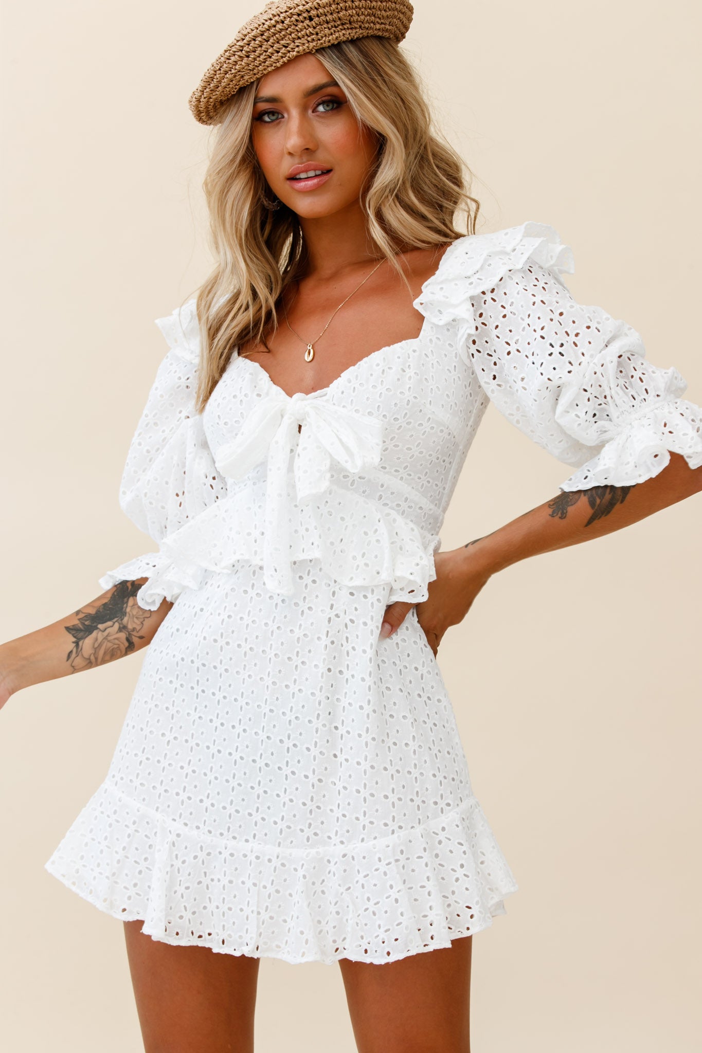 Say That Again Bust Tie Ruffle Trim Dress White-Maymioy
