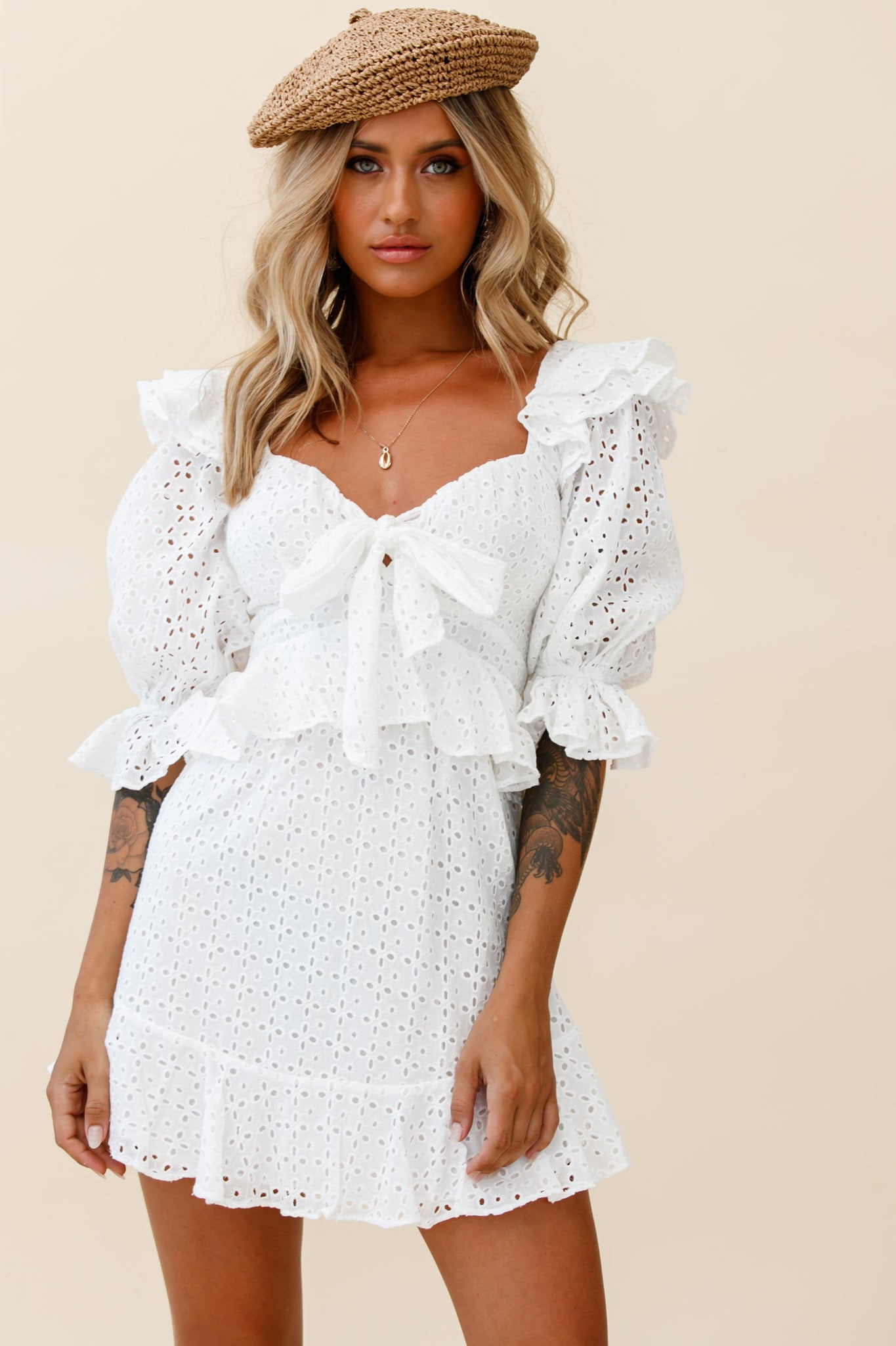 Say That Again Bust Tie Ruffle Trim Dress White-Maymioy