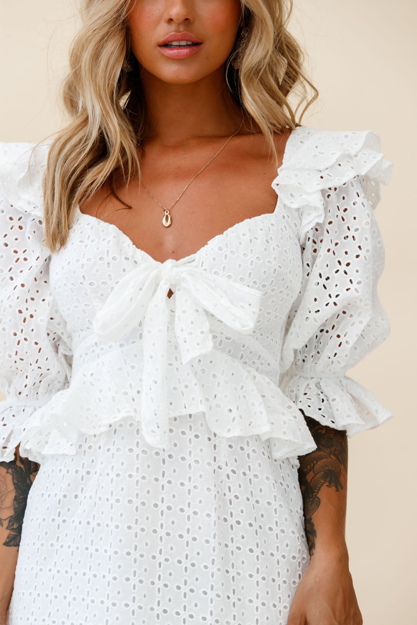 Say That Again Bust Tie Ruffle Trim Dress White-Maymioy
