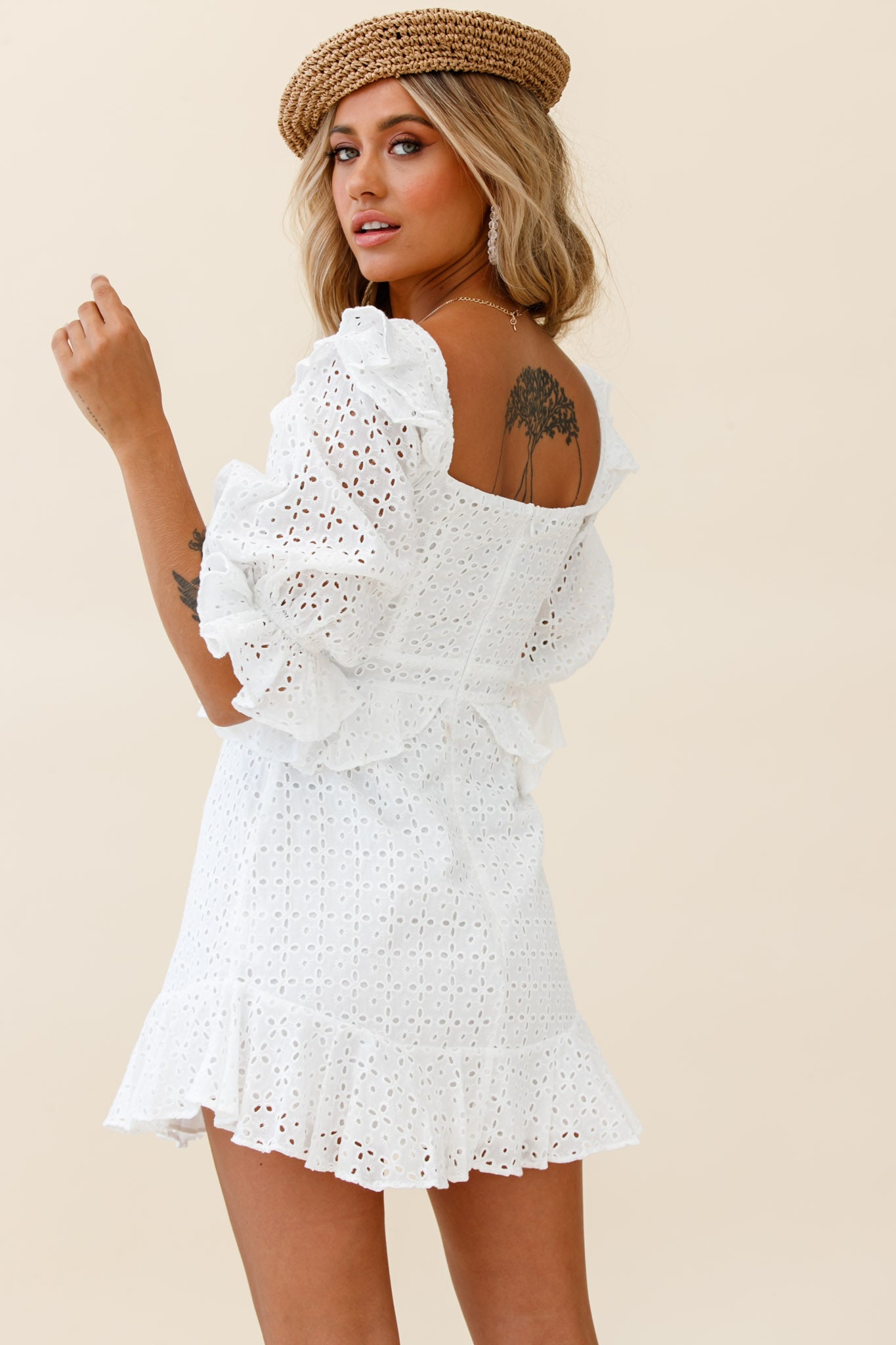 Say That Again Bust Tie Ruffle Trim Dress White-Maymioy