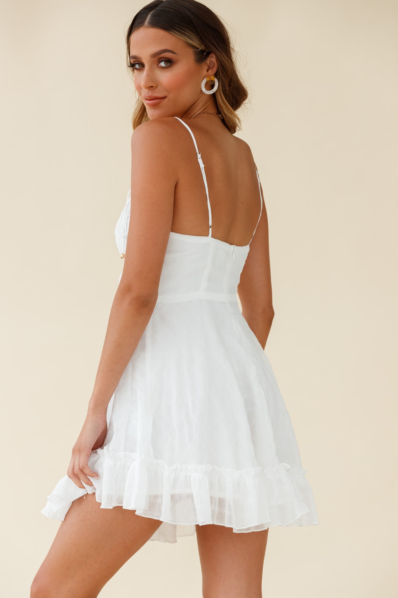 Janie String Tie Detail Ruffle Hem Babydoll Dress White-Maymioy