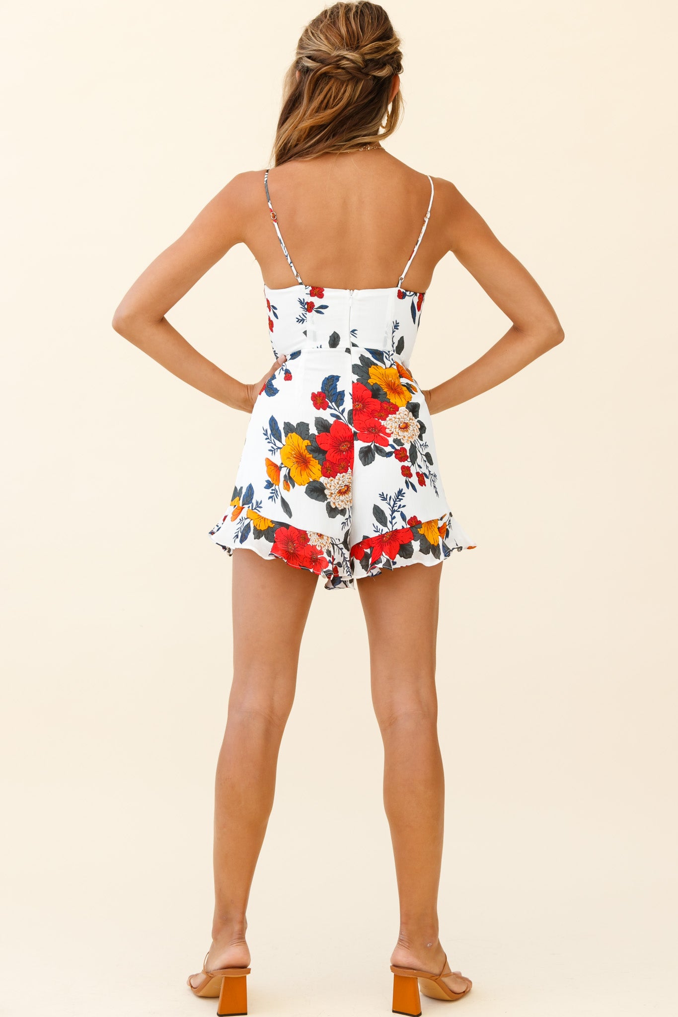 Janie Ruched Bust Ruffle Hem Romper Floral Bouquet Print White-Maymioy