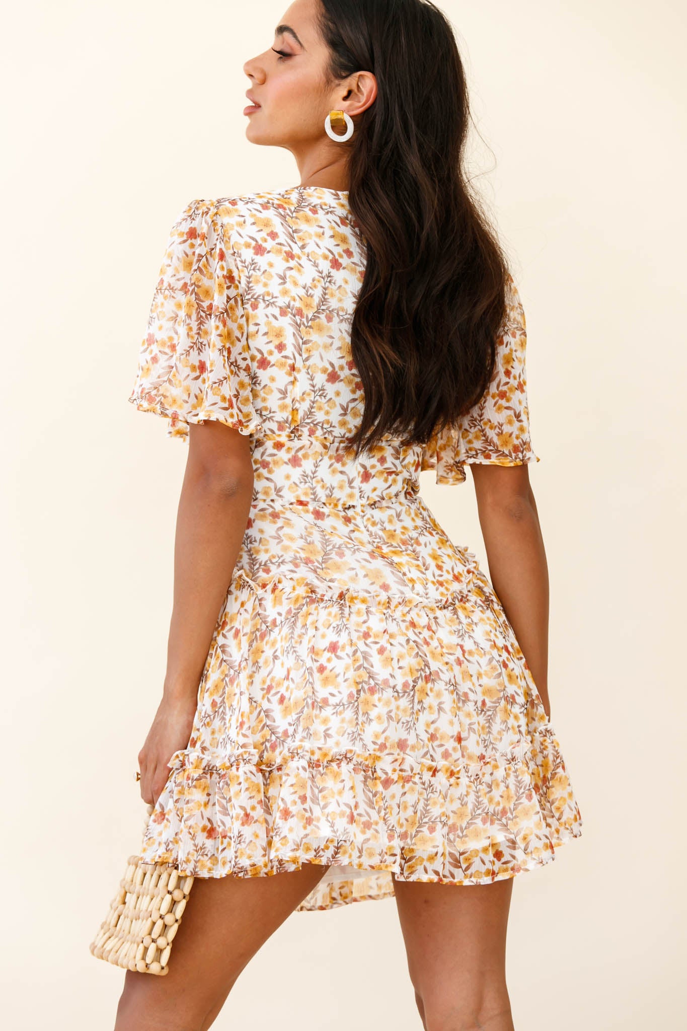 Stolen Moments Angel Sleeve Ruffle Dress Floral Print Yellow Multi-Maymioy