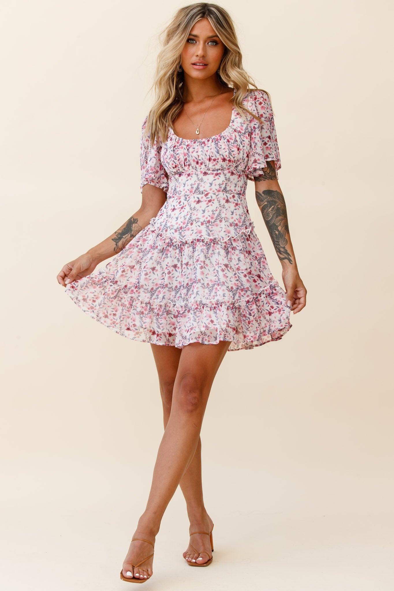 Stolen Moments Angel Sleeve Ruffle Dress Floral Print Pink Multi-Maymioy