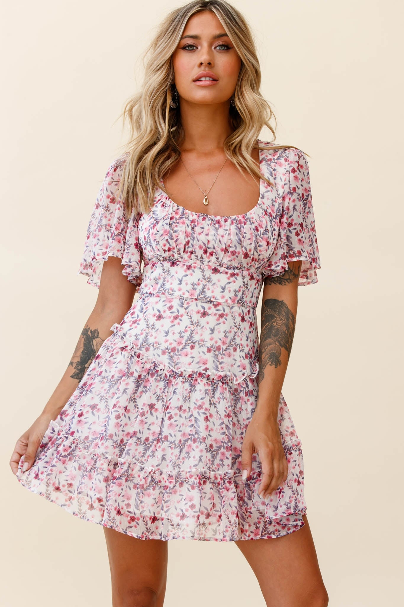 Stolen Moments Angel Sleeve Ruffle Dress Floral Print Pink Multi-Maymioy