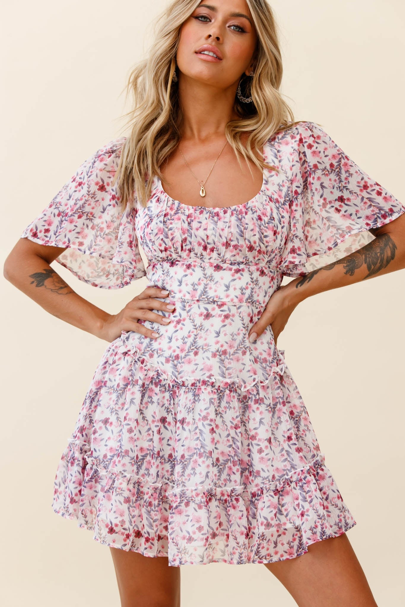 Stolen Moments Angel Sleeve Ruffle Dress Floral Print Pink Multi-Maymioy