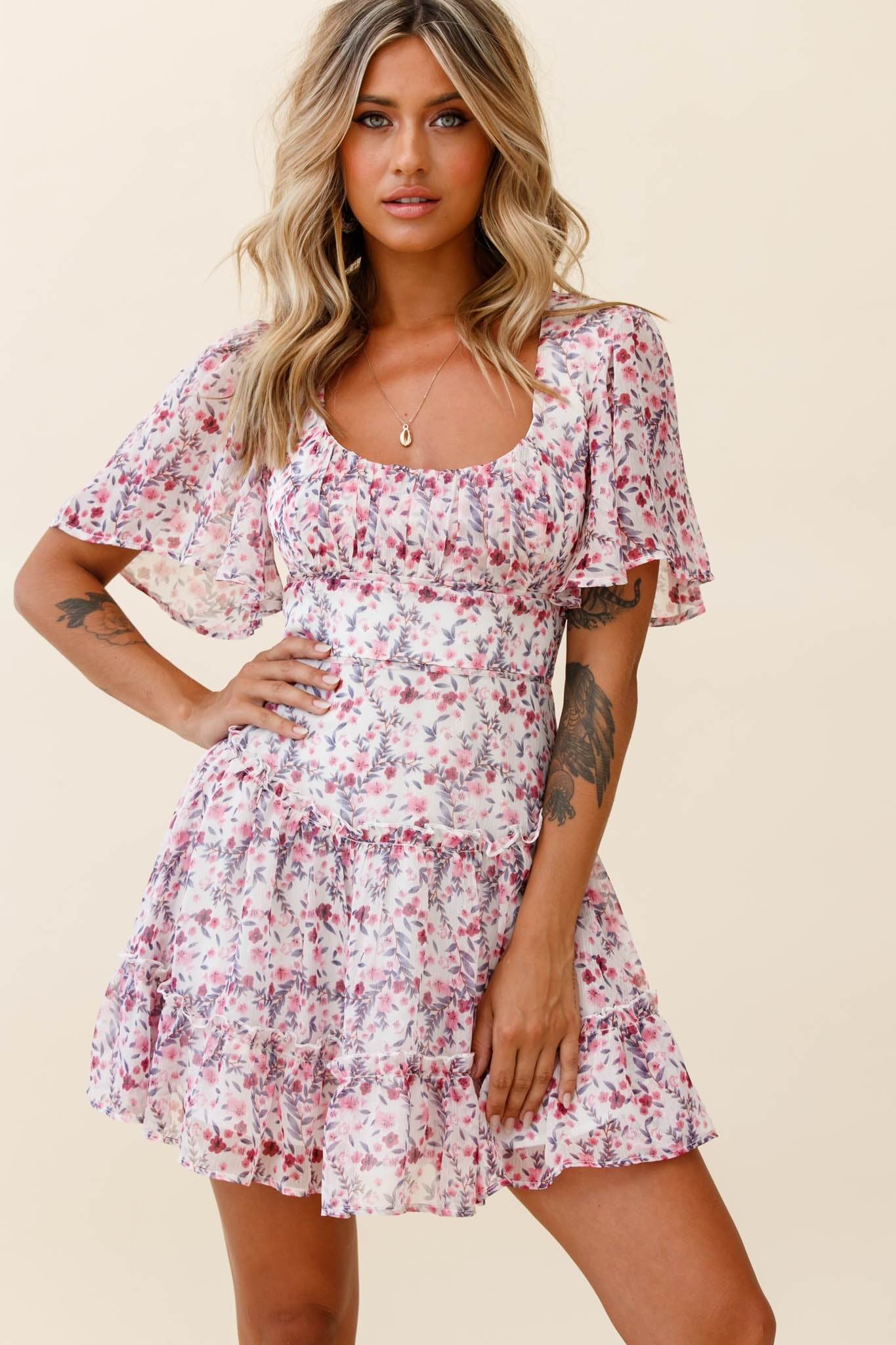 Stolen Moments Angel Sleeve Ruffle Dress Floral Print Pink Multi-Maymioy