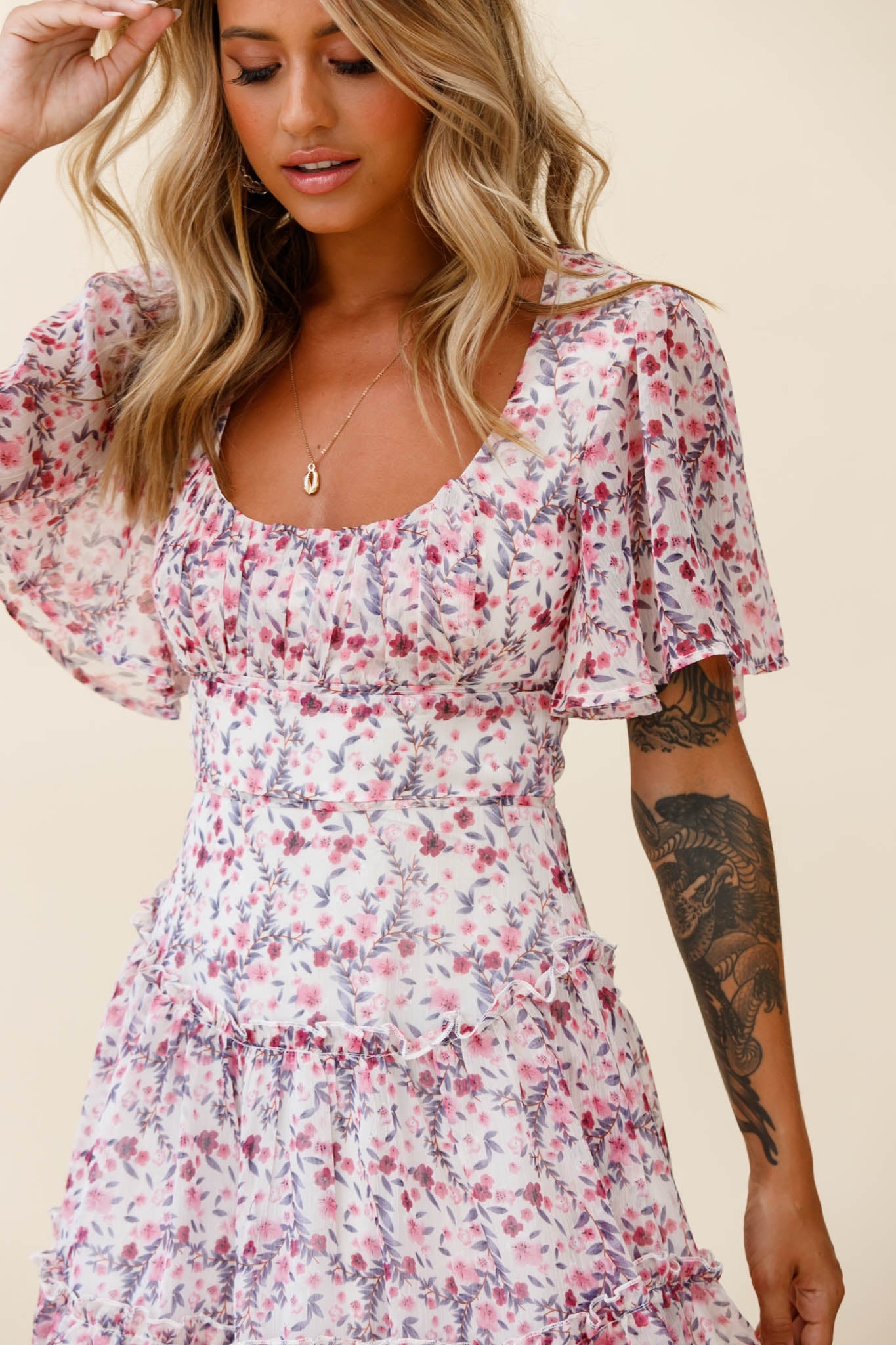 Stolen Moments Angel Sleeve Ruffle Dress Floral Print Pink Multi-Maymioy