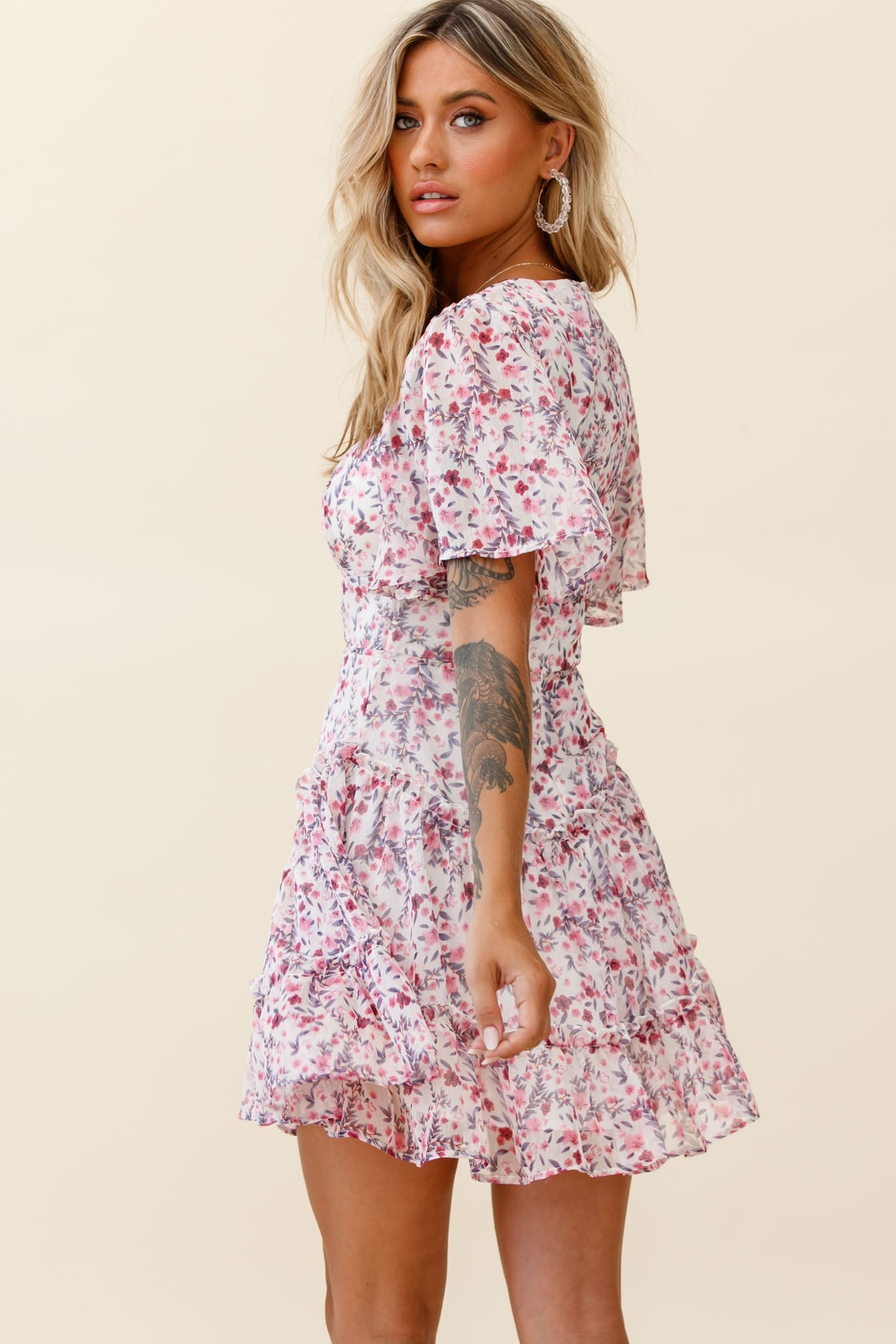 Stolen Moments Angel Sleeve Ruffle Dress Floral Print Pink Multi-Maymioy