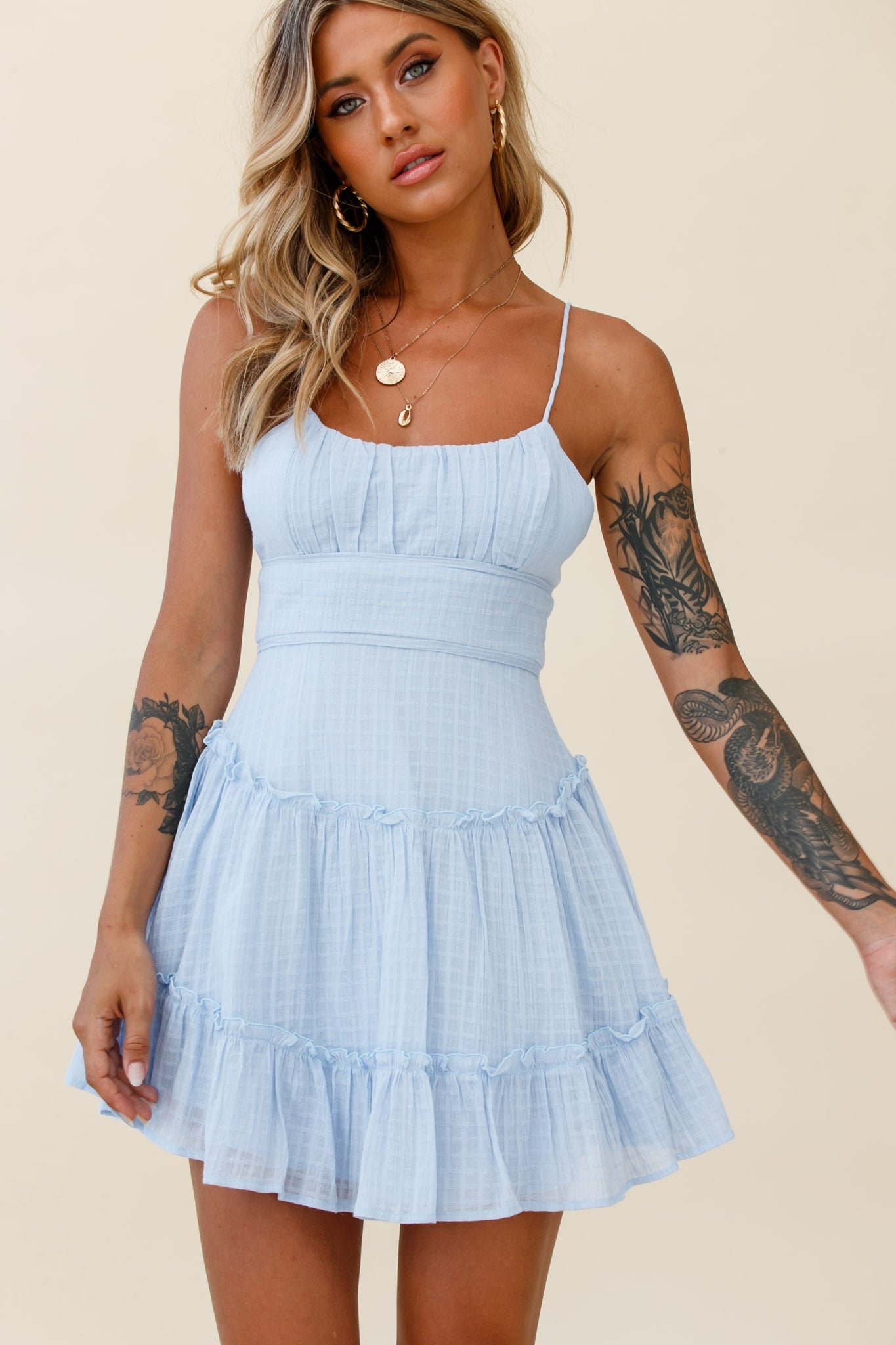 Stolen Moments Cami Strap Ruffle Dress Steel Blue-Maymioy