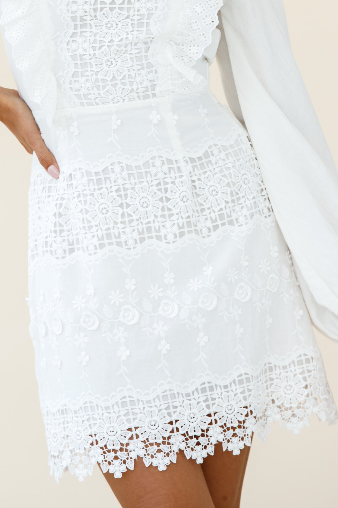 Gracious Long Sleeve Floral Lace Accent Dress White-Maymioy