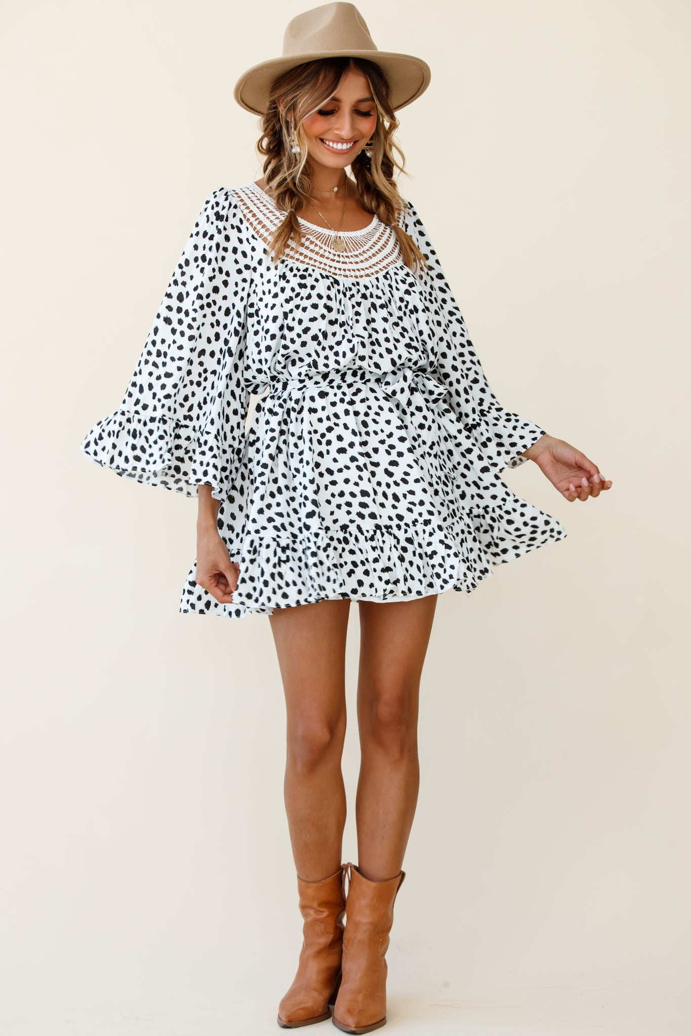 Turn Back Time Long Sleeve Crochet Neckline Dress Animal Print White/Black-Maymioy
