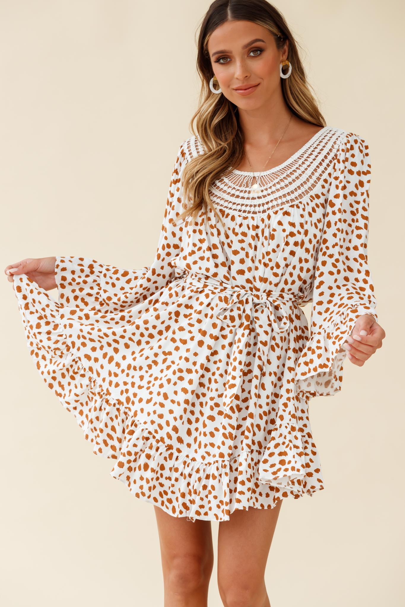 Turn Back Time Long Sleeve Crochet Neckline Dress Animal Print White/Brown-Maymioy