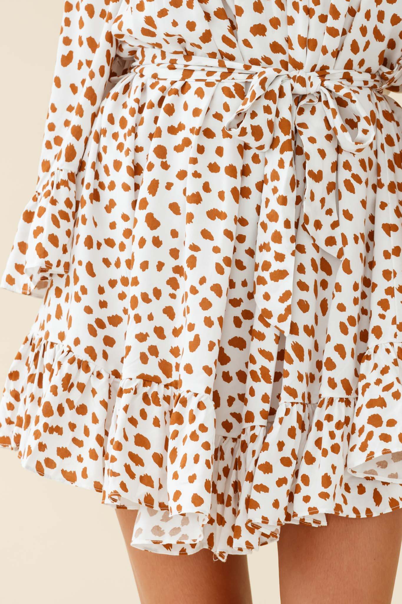 Turn Back Time Long Sleeve Crochet Neckline Dress Animal Print White/Brown-Maymioy