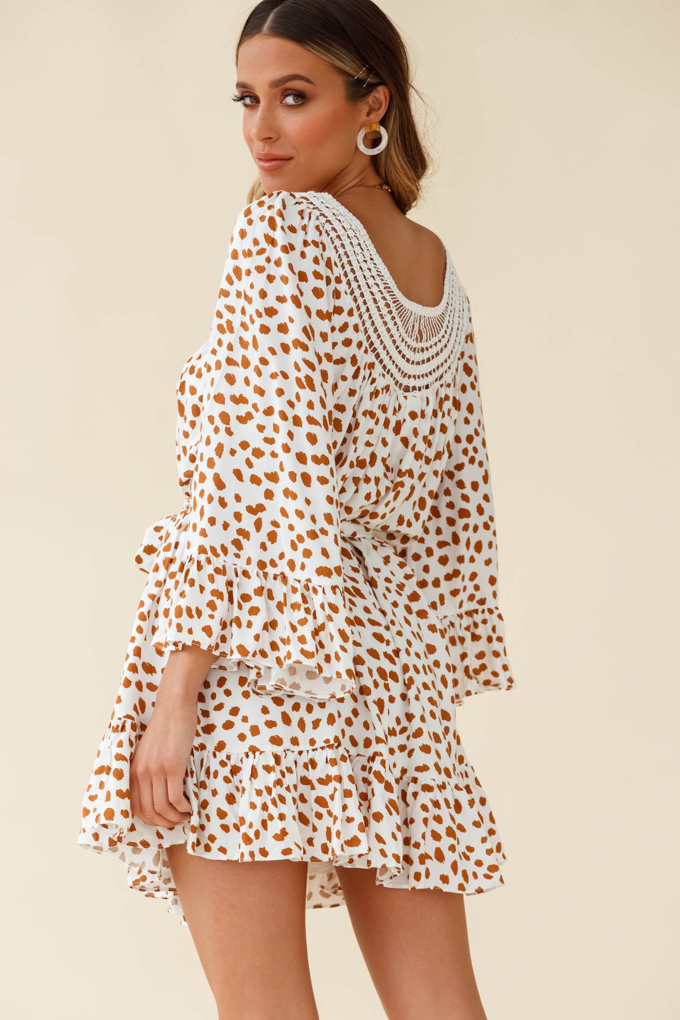 Turn Back Time Long Sleeve Crochet Neckline Dress Animal Print White/Brown-Maymioy