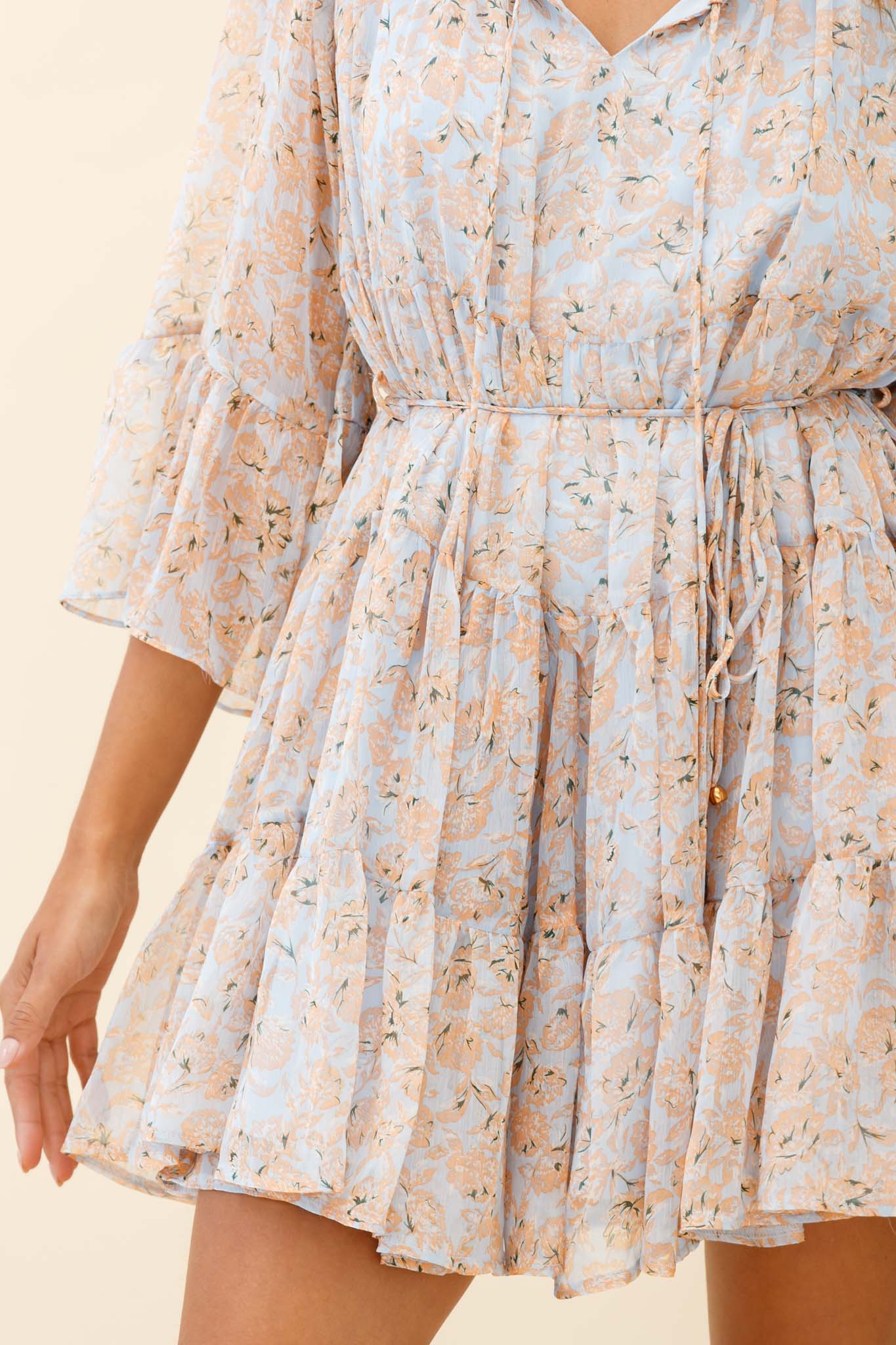 Called It Ruffle Trim Bell Sleeve Dress Floral Print Blue/Orange-Maymioy