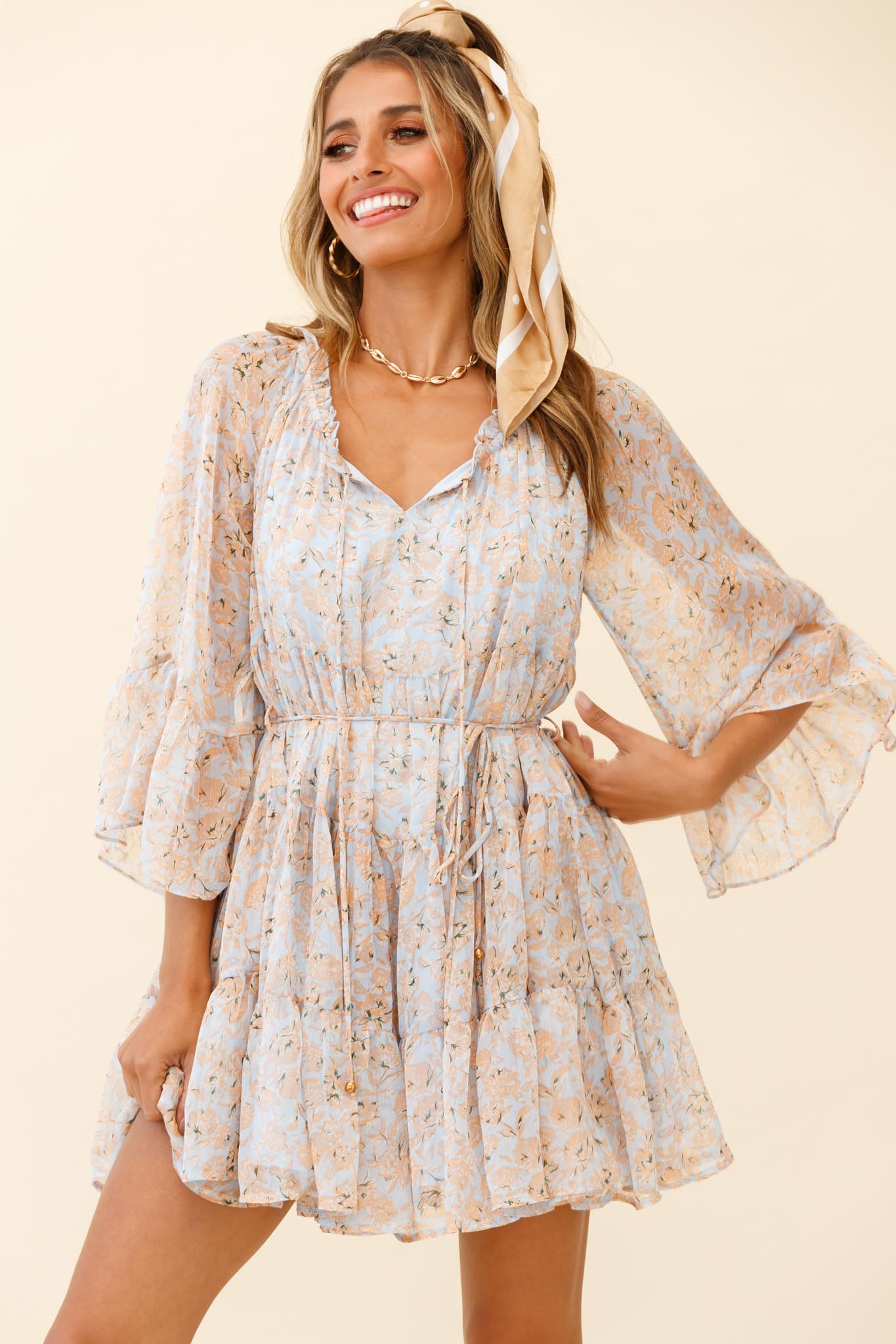 Called It Ruffle Trim Bell Sleeve Dress Floral Print Blue/Orange-Maymioy