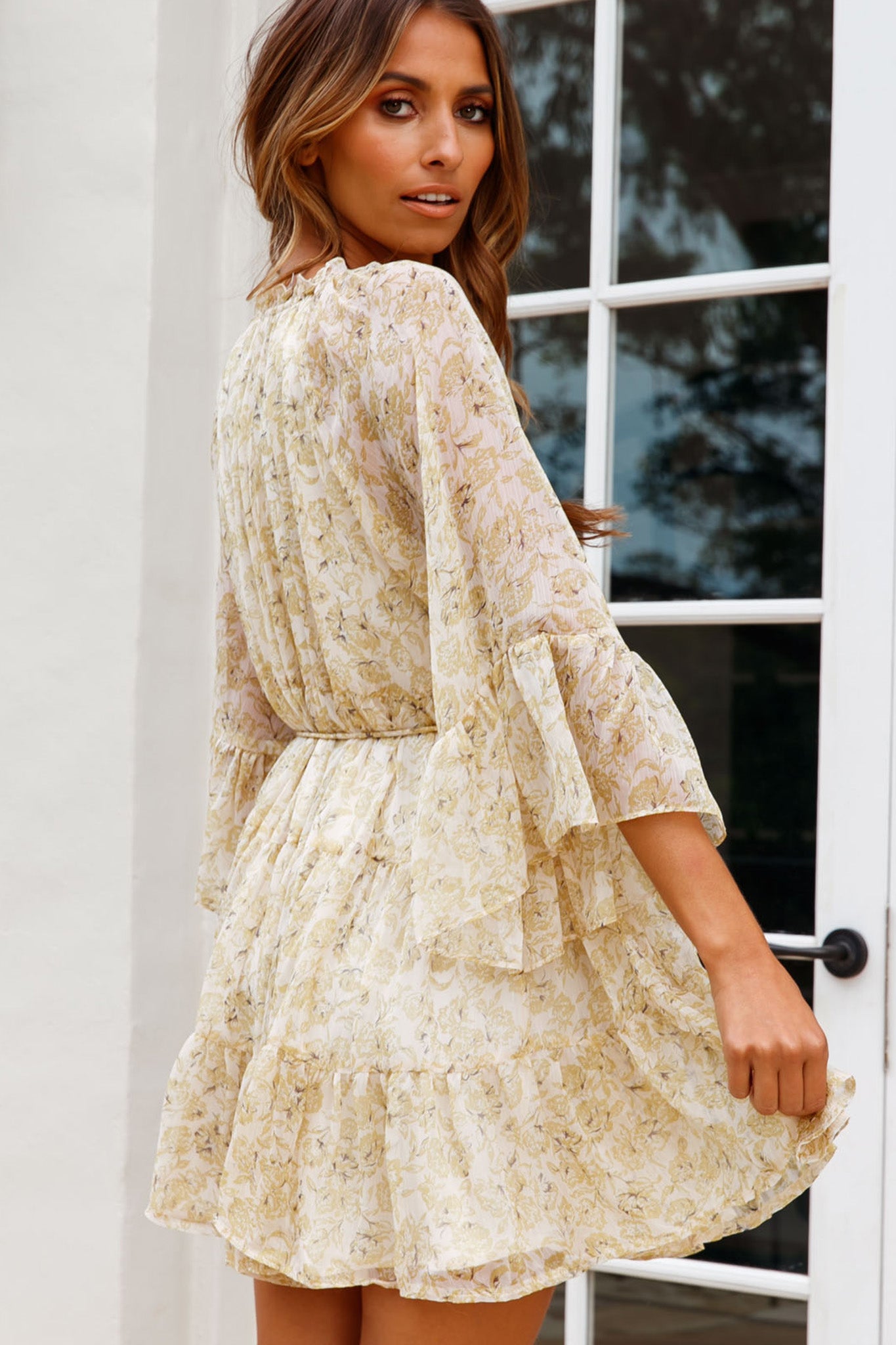 Celia Bell Sleeve String-Tie Detail Dress Floral Print White/Lime-Maymioy