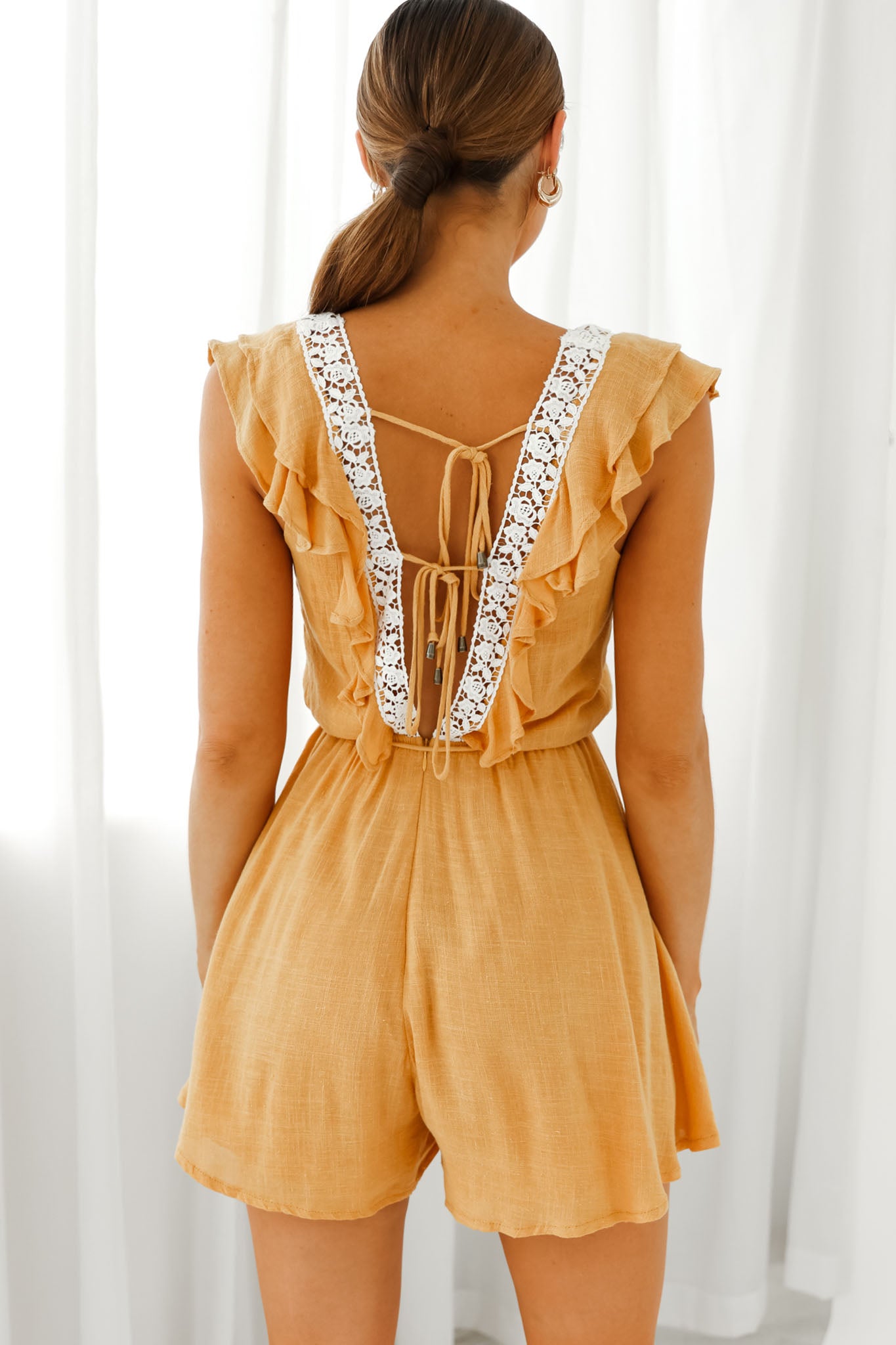 Meet Again Crochet Lace Trim Tie-Up Back Romper Mustard-Maymioy