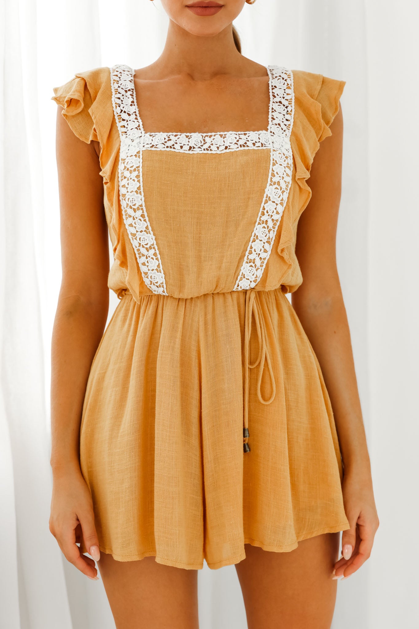 Meet Again Crochet Lace Trim Tie-Up Back Romper Mustard-Maymioy