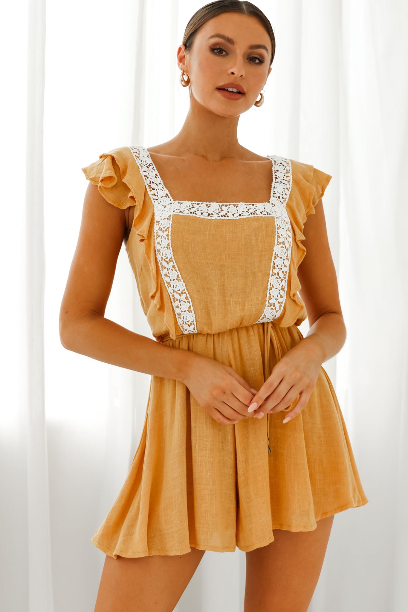 Meet Again Crochet Lace Trim Tie-Up Back Romper Mustard-Maymioy