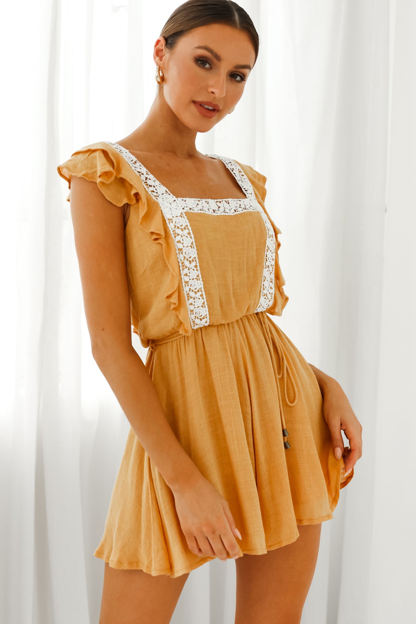 Meet Again Crochet Lace Trim Tie-Up Back Romper Mustard-Maymioy