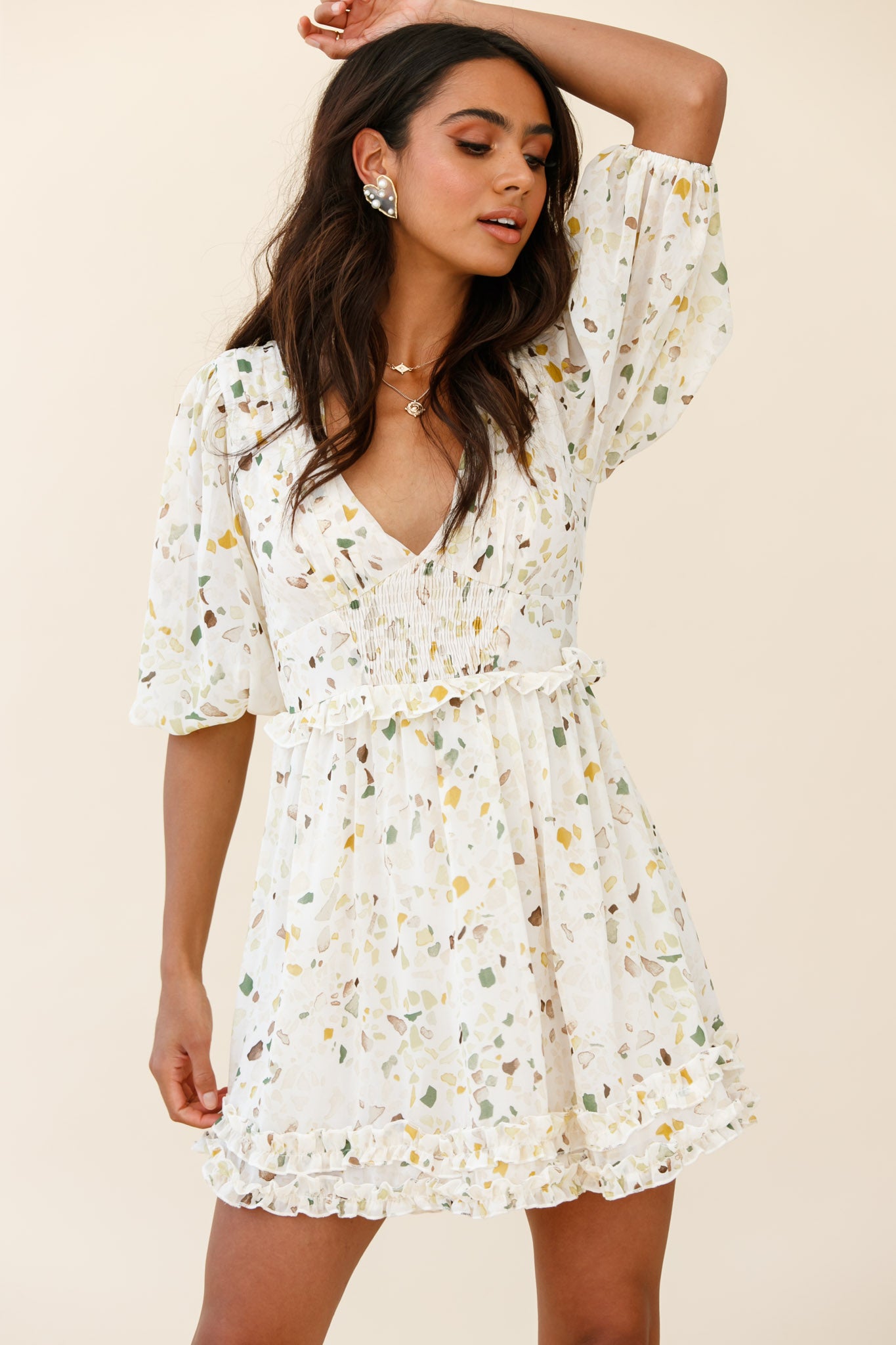Born Free Shirring Detail Frill Trim Dress Green Multi-Maymioy