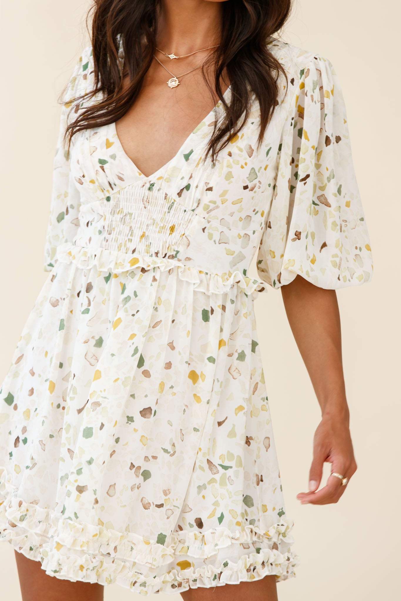 Born Free Shirring Detail Frill Trim Dress Green Multi-Maymioy