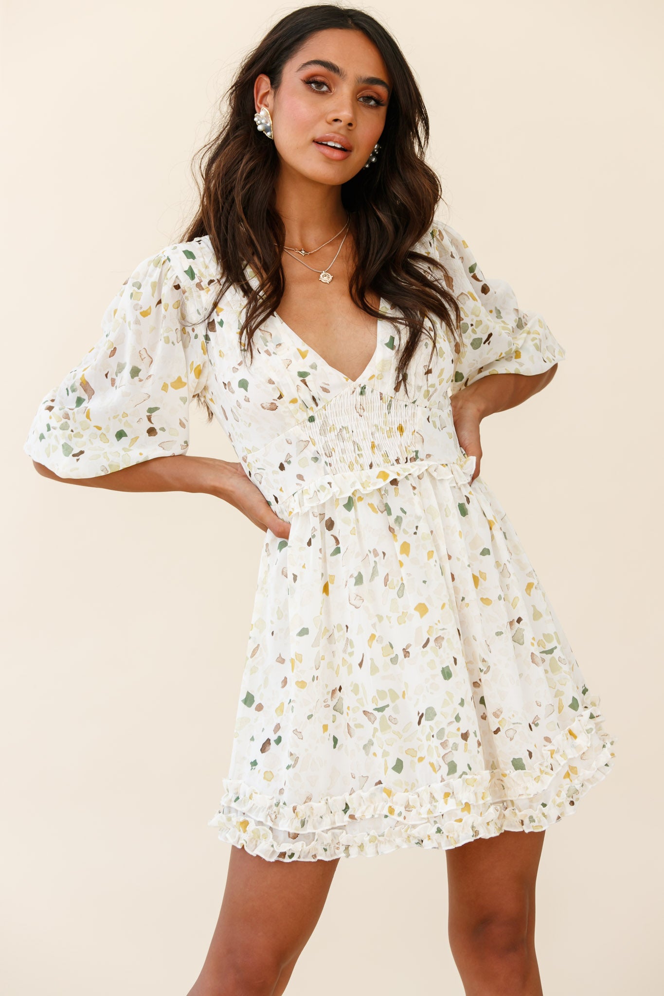 Born Free Shirring Detail Frill Trim Dress Green Multi-Maymioy