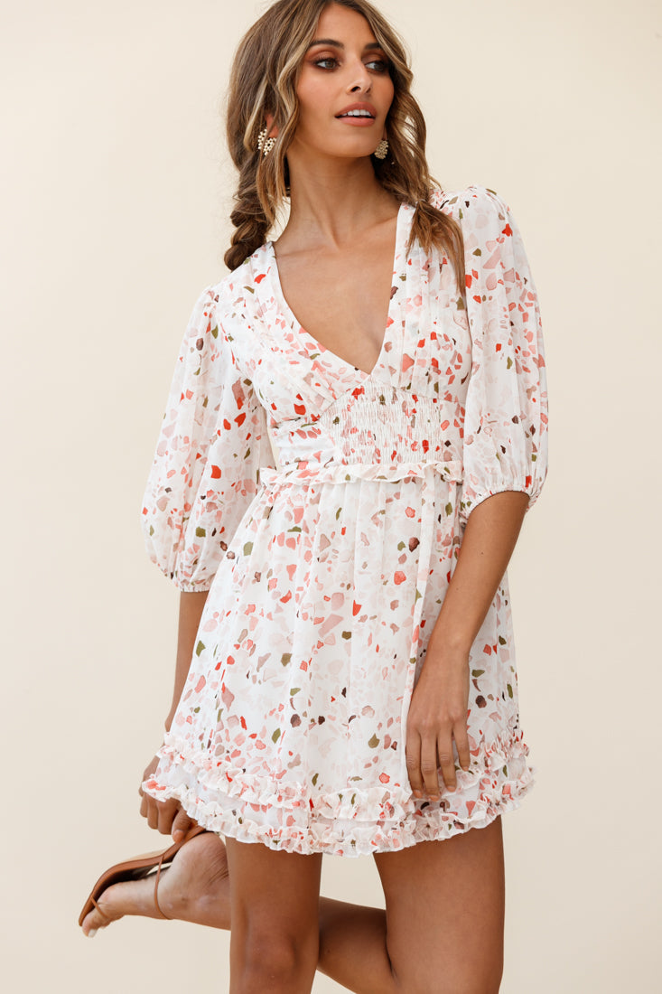 Born Free Shirring Detail Frill Trim Dress Pink Multi-Maymioy
