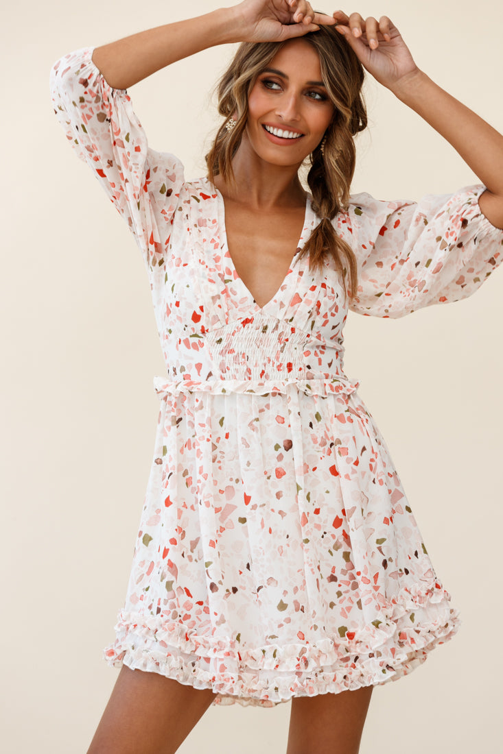 Born Free Shirring Detail Frill Trim Dress Pink Multi-Maymioy