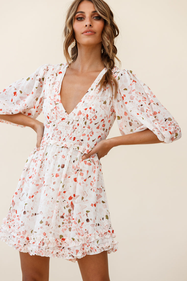 Born Free Shirring Detail Frill Trim Dress Pink Multi-Maymioy
