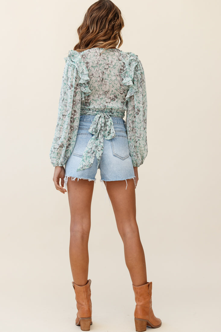 Hello, Dolly! Long Sleeve Waist Tie Crop Top Floral Print Green-Maymioy