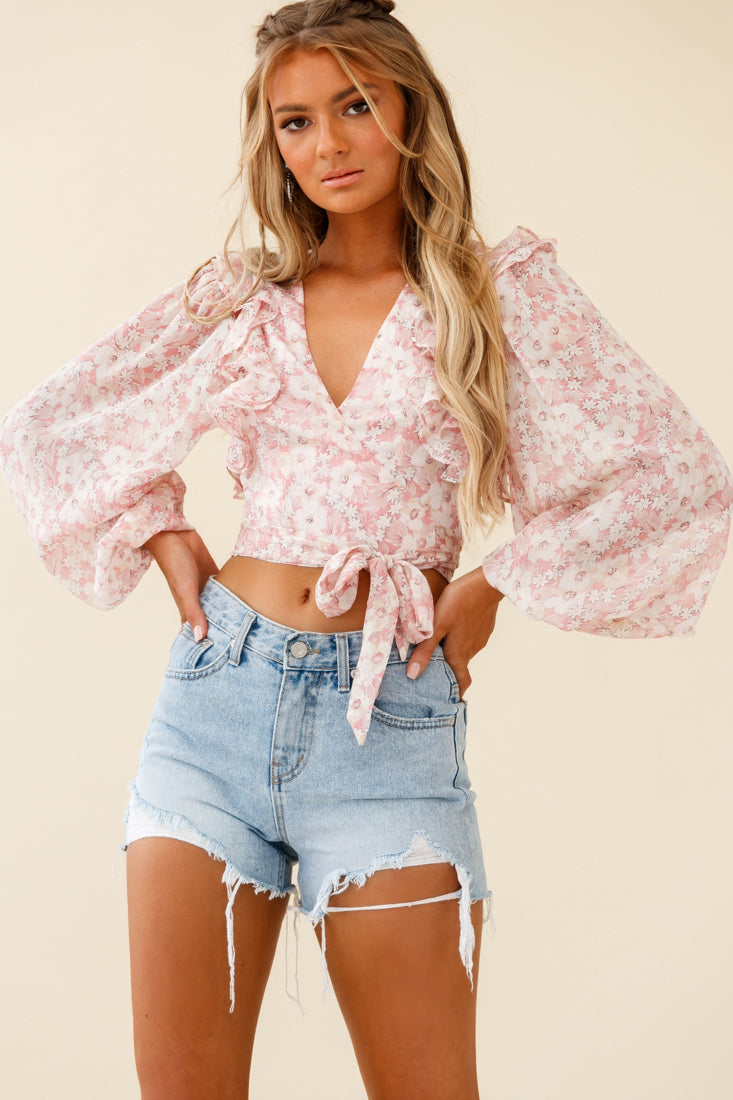 Hello, Dolly! Long Sleeve Waist Tie Crop Top Floral Print Pink-Maymioy