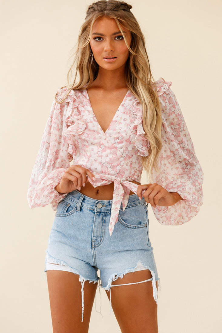 Hello, Dolly! Long Sleeve Waist Tie Crop Top Floral Print Pink-Maymioy