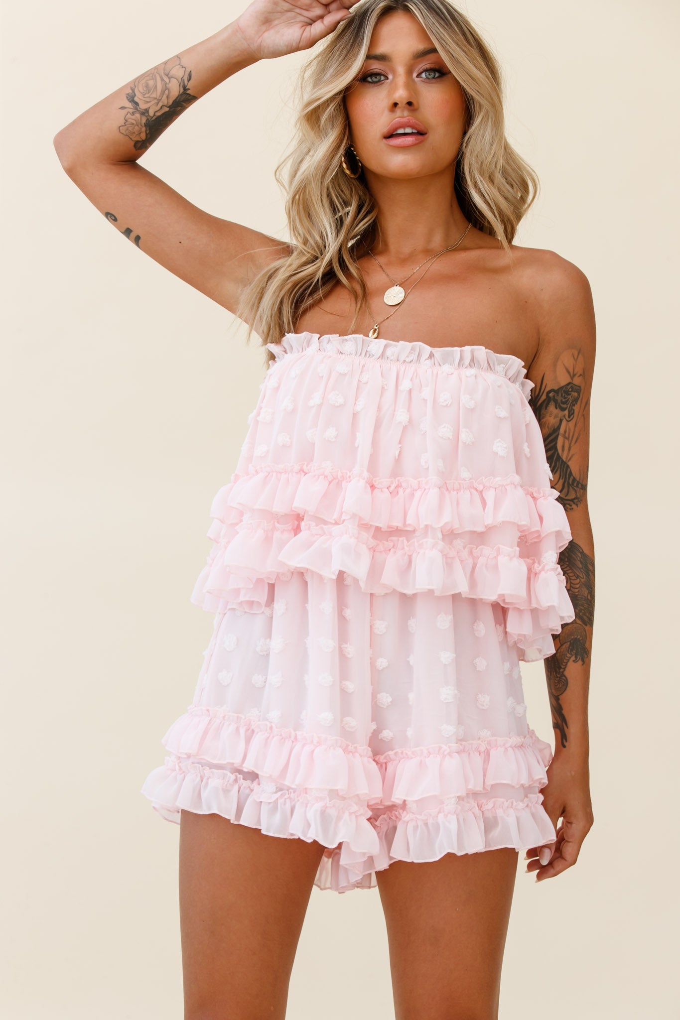 Memories Tiered Bust Frill Trim Romper Pink-Maymioy